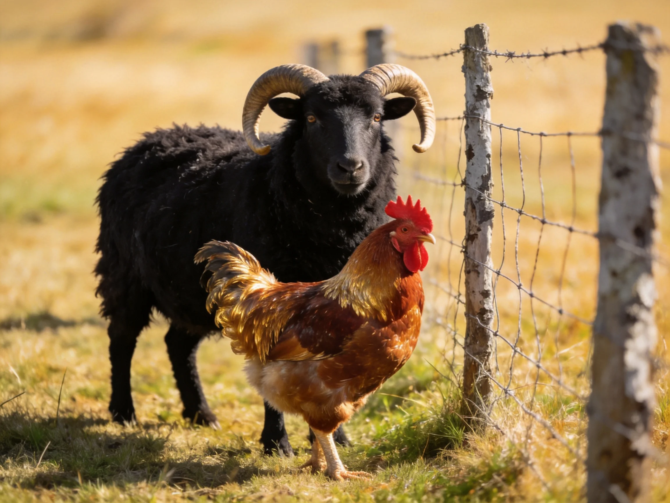 Black horned sheep and brown rooster by barbed wire fence in golden field