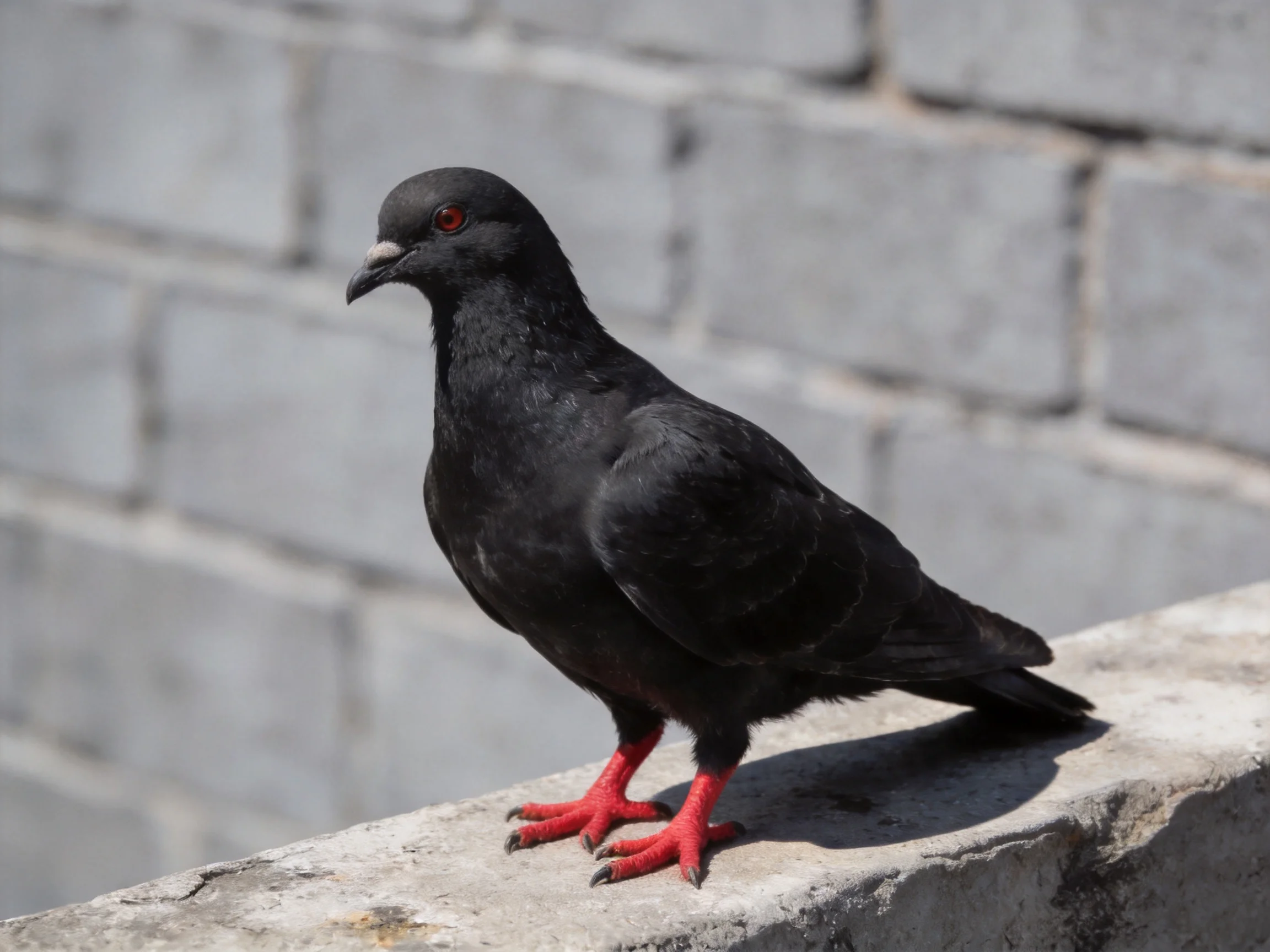 Black pigeon with vivid red feet perched on weathered concrete near gray brick wall