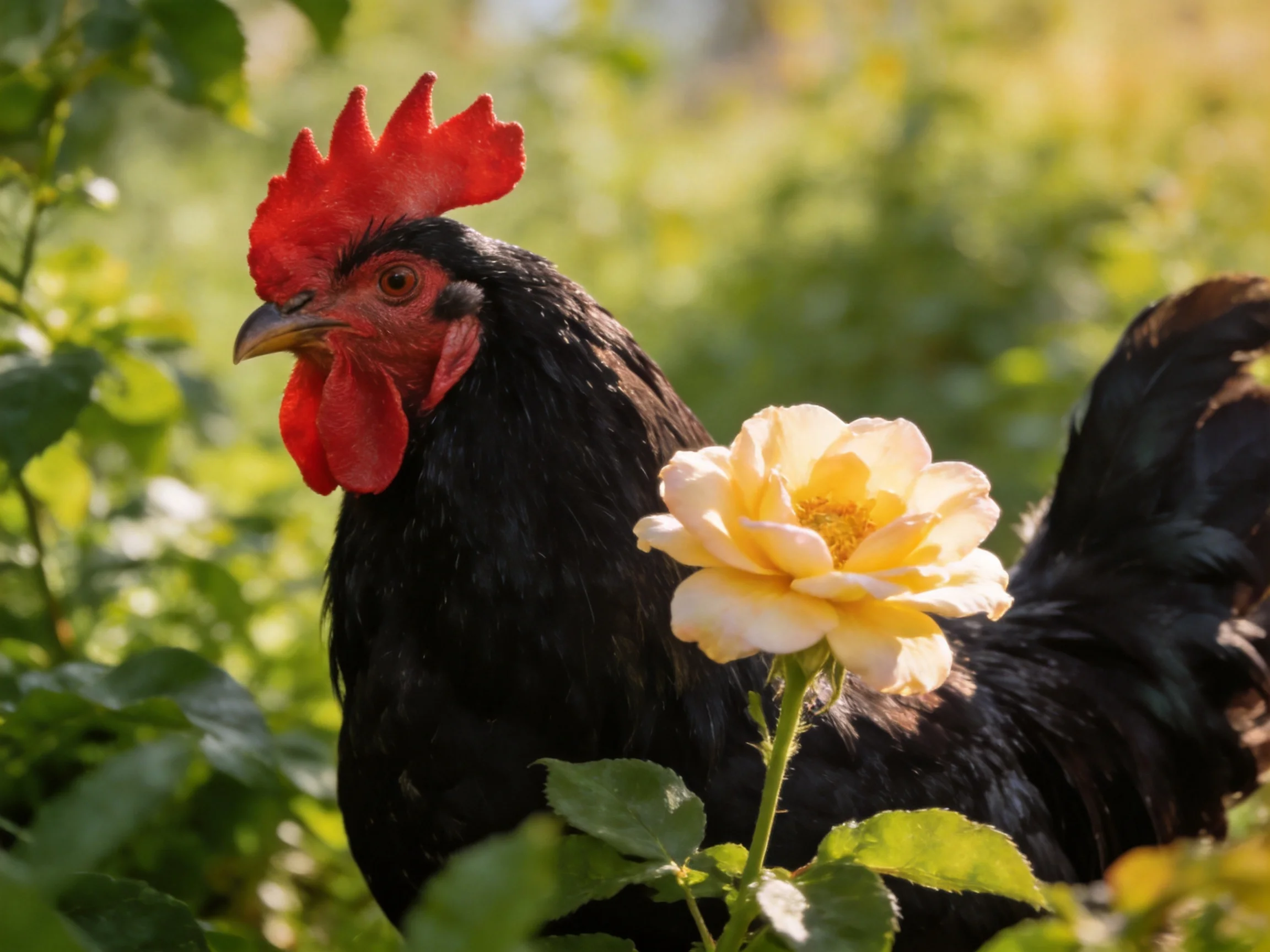 Black rooster with red comb near pale yellow rose in green foliage