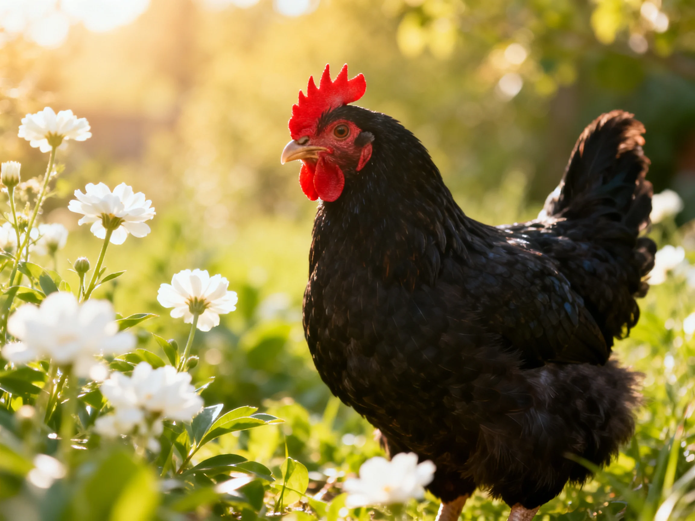 Black rooster with red comb near white flowers in sunlit meadow