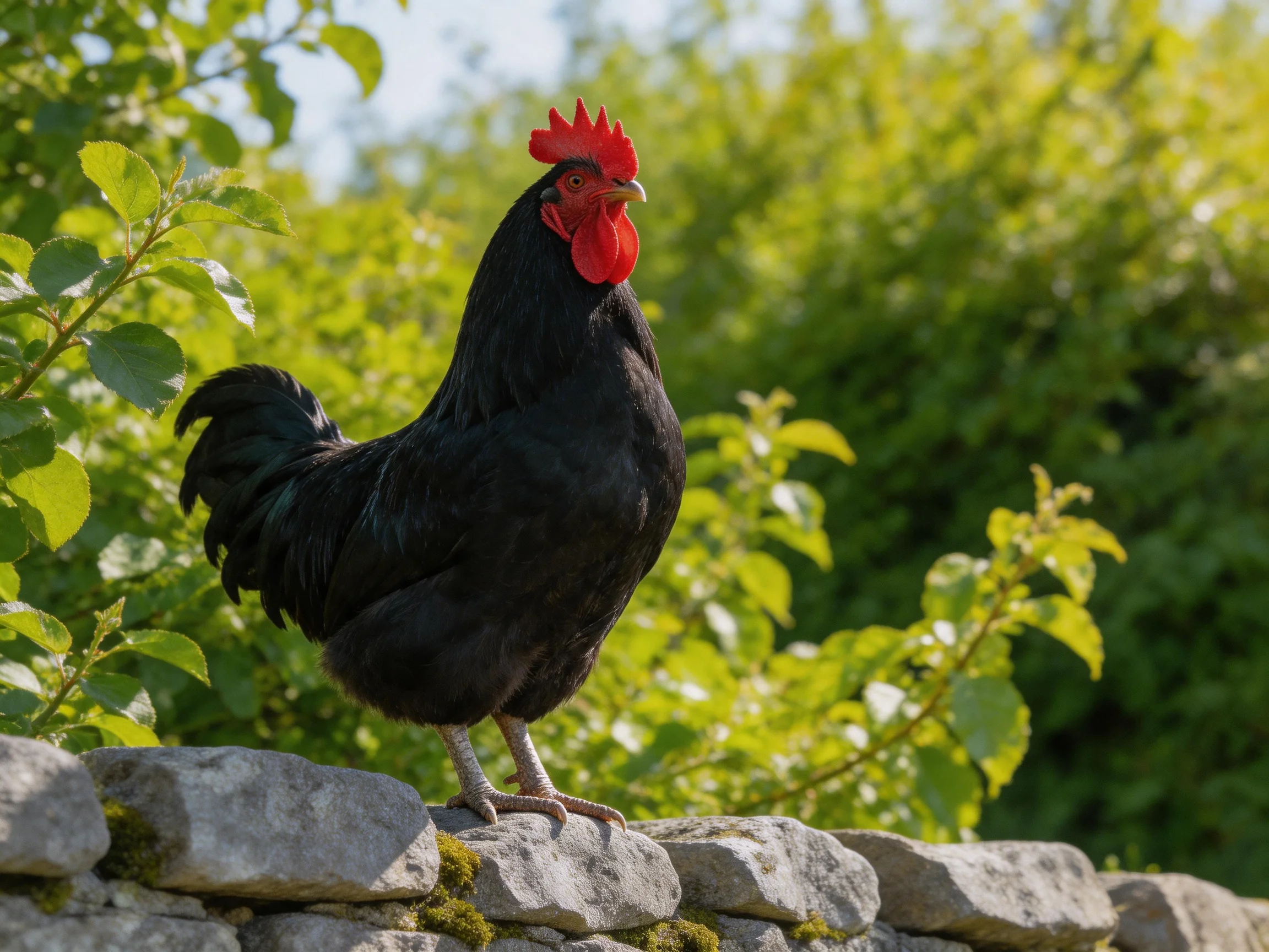 A black rooster with a red comb is positioned on a stone wall near green foliage.