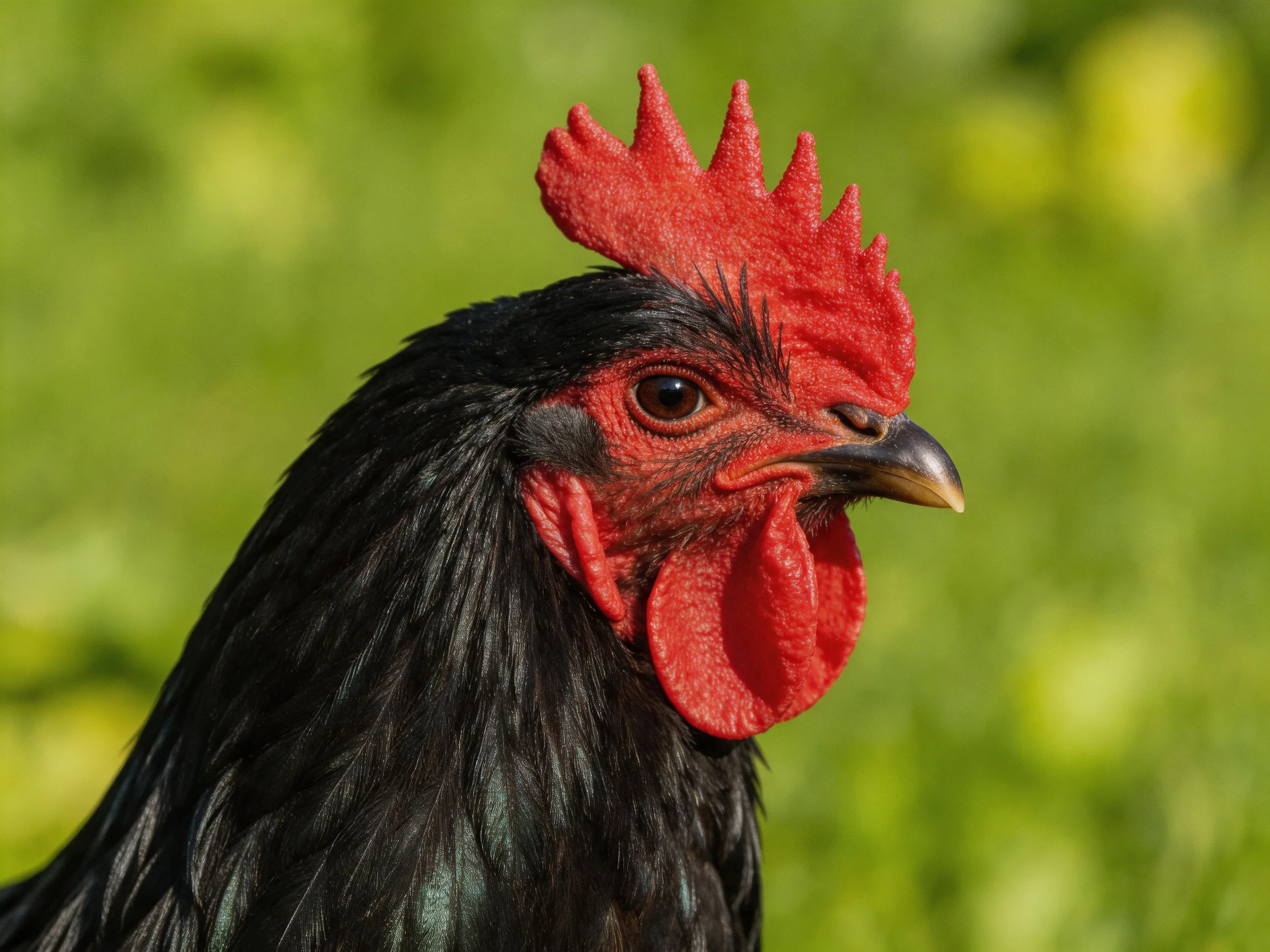 A black rooster with bold red facial features contrasts with a green outdoor background.