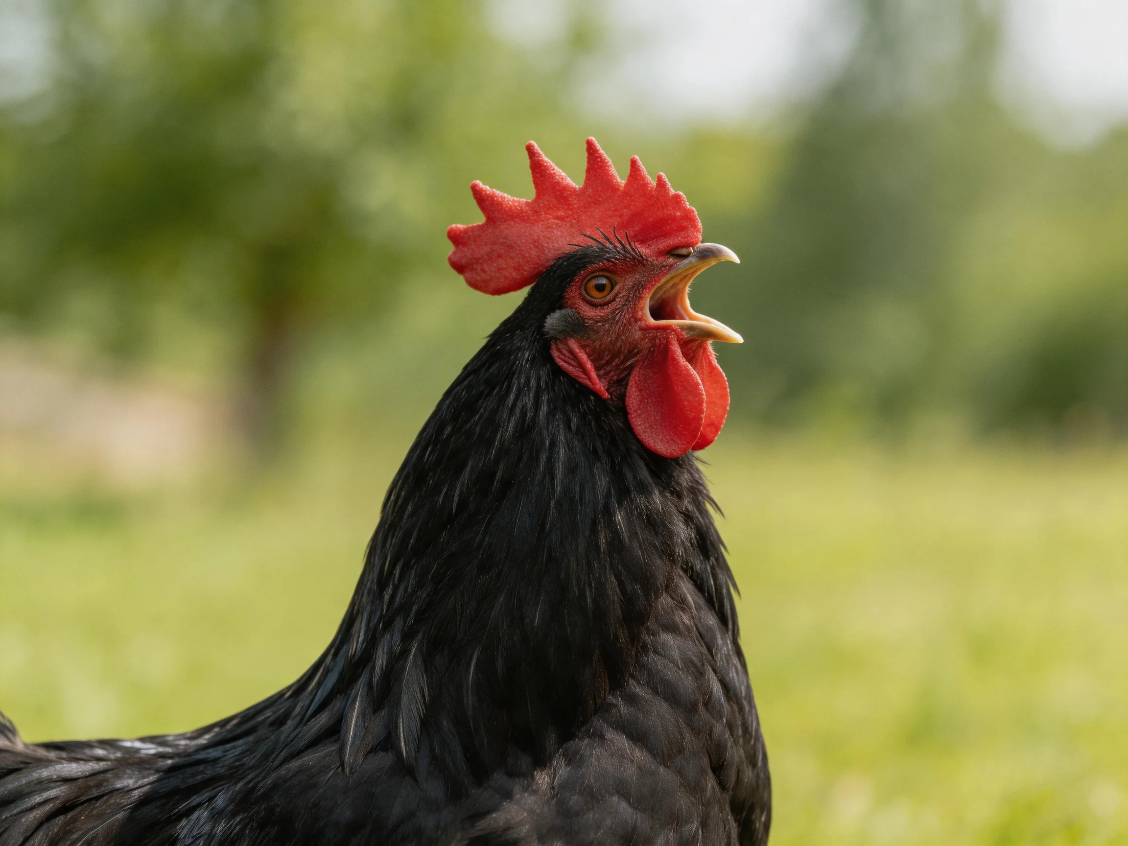 A black rooster with red comb makes noise in a green outdoor setting.
