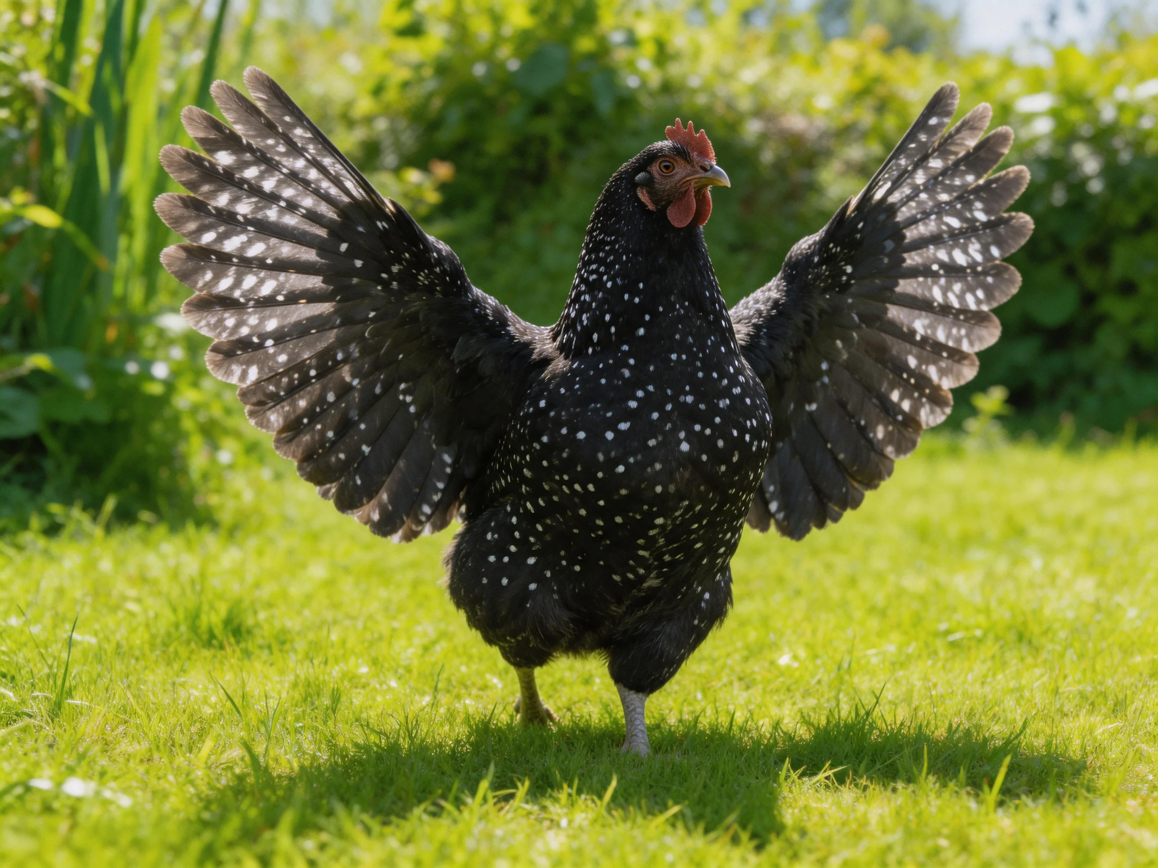 Black speckled chicken spreading wings on lush green grass