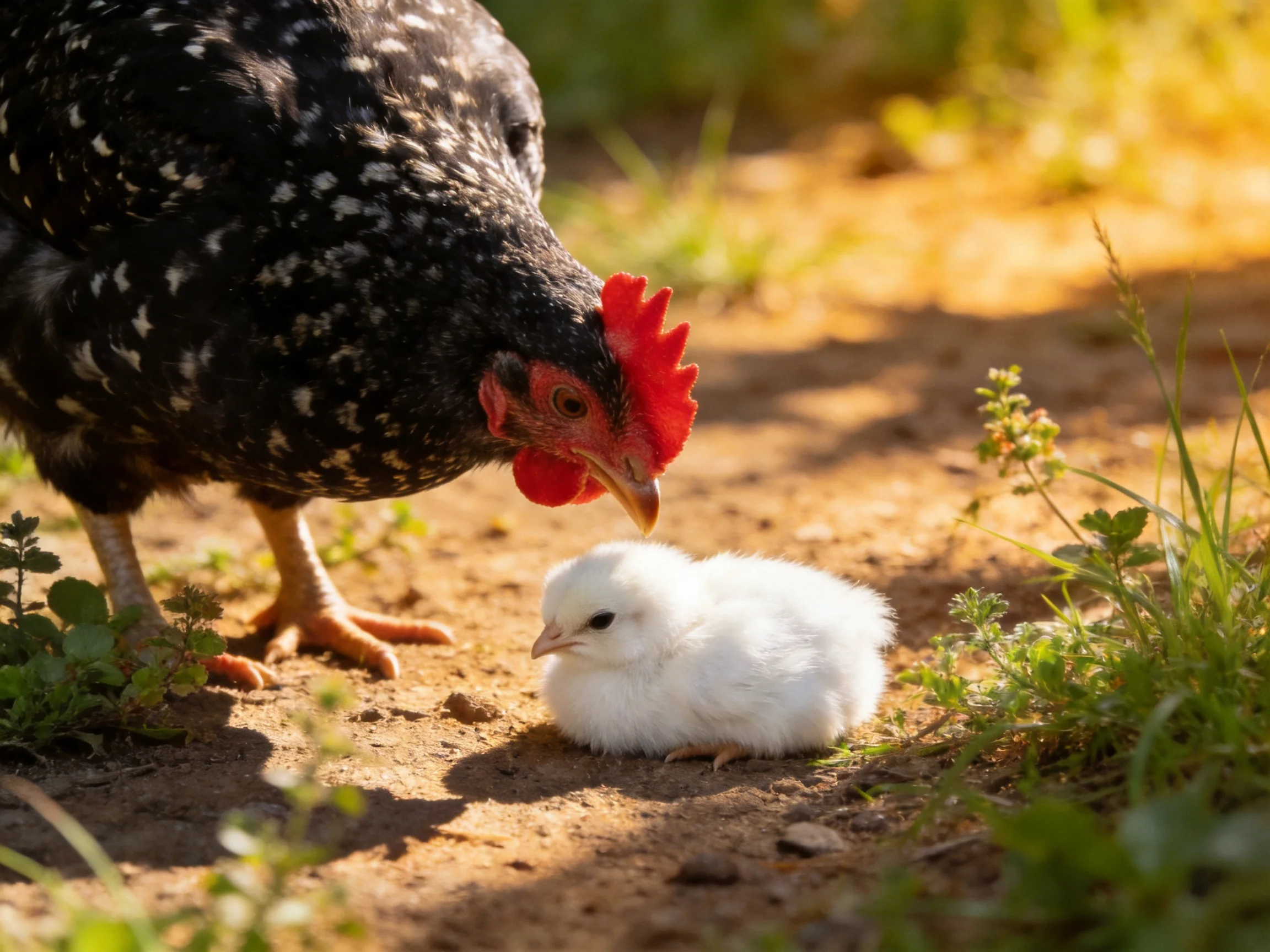 Black speckled hen and fluffy white chick on sunlit dirt