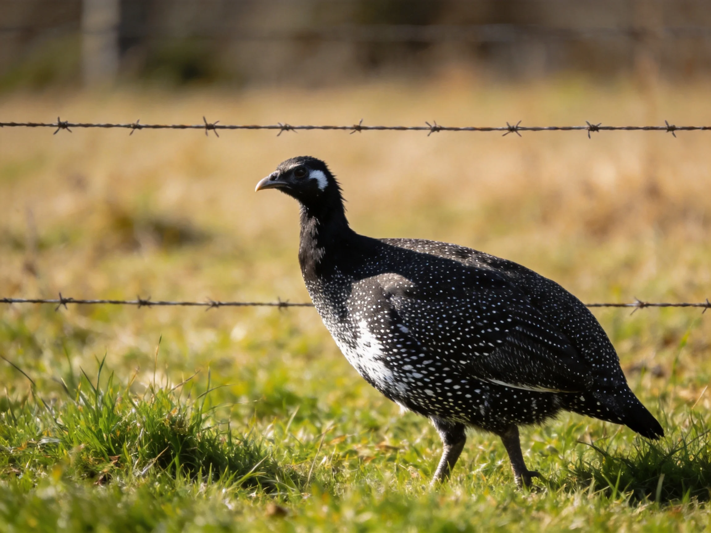 Black-spotted bird near barbed wire fence in grassy terrain