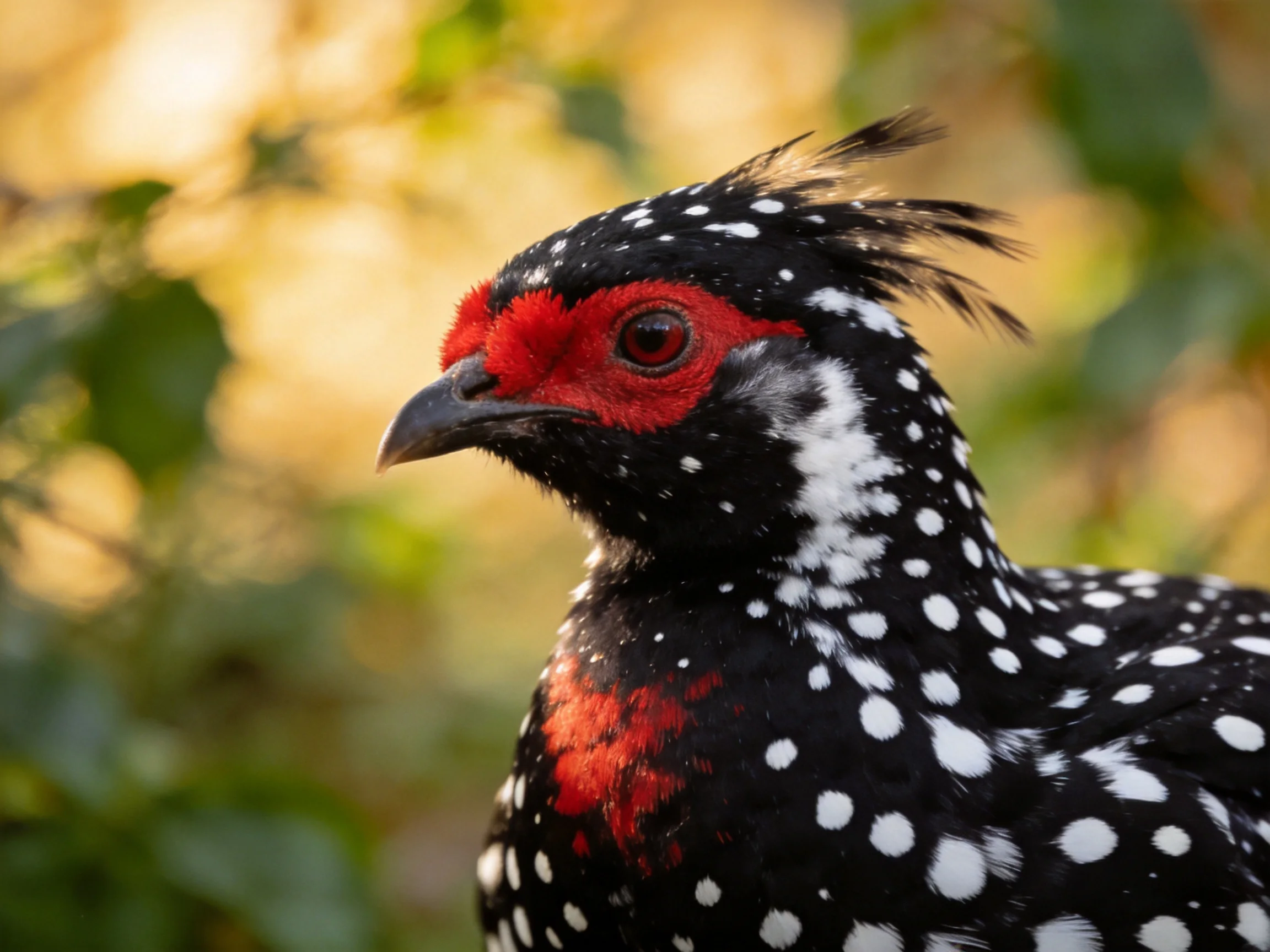 Black-spotted bird with vivid red facial markings and feathered crown