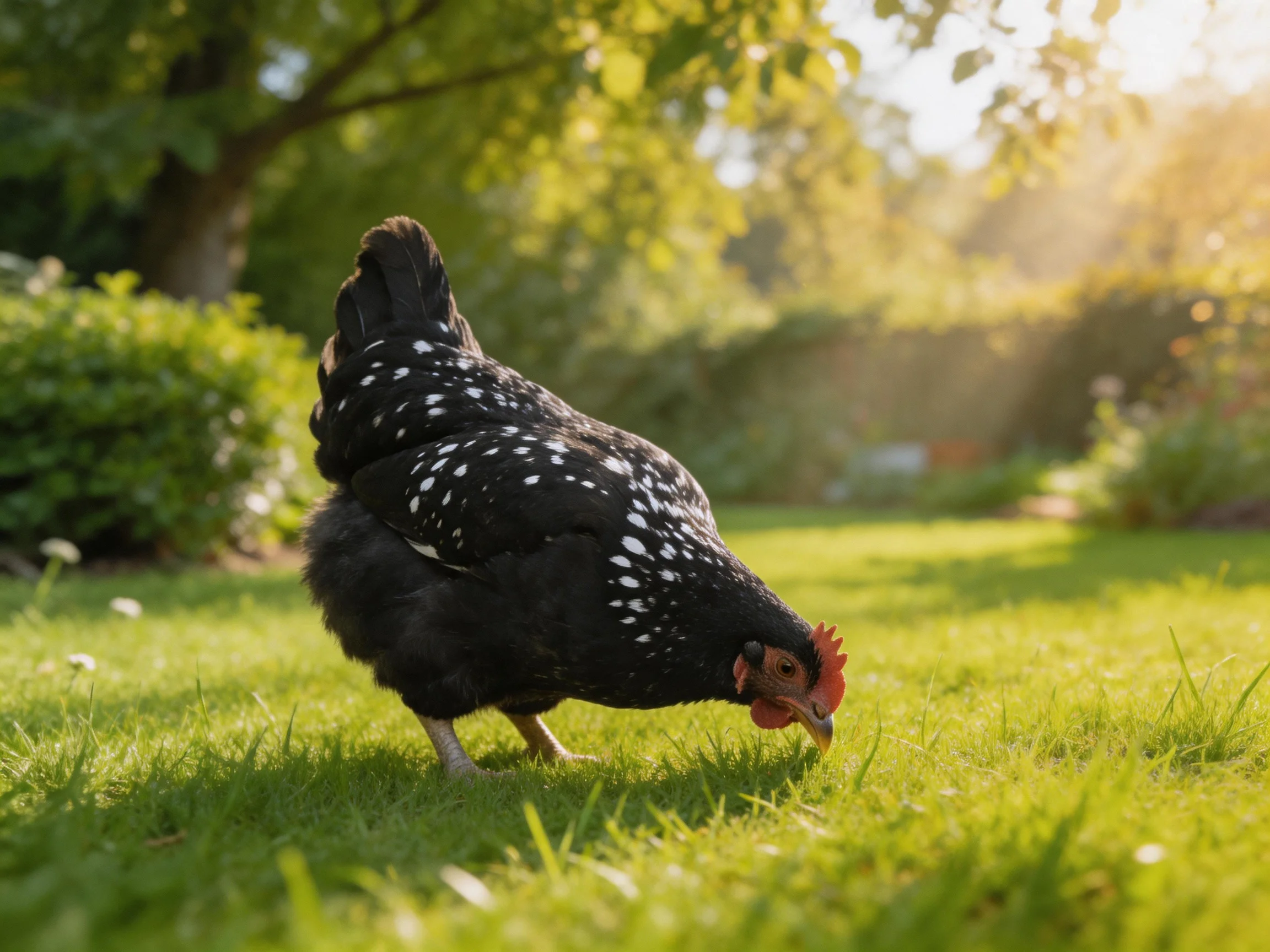 Black spotted hen pecking grass in sunlit garden yard