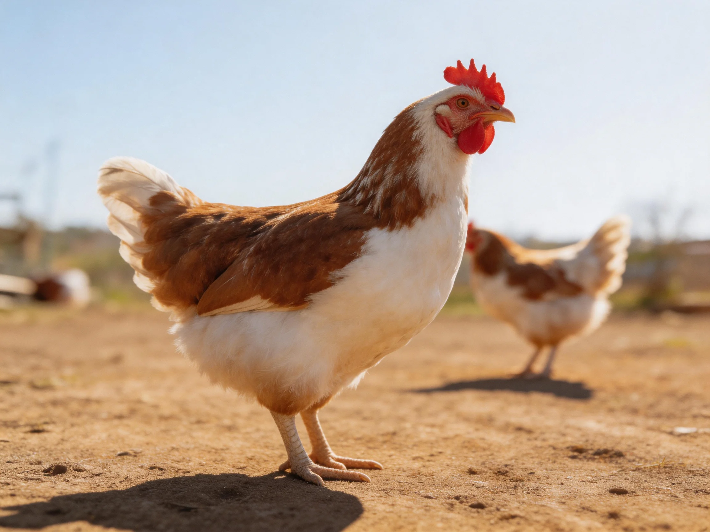 Brown and white chickens on a sunny dirt farm path