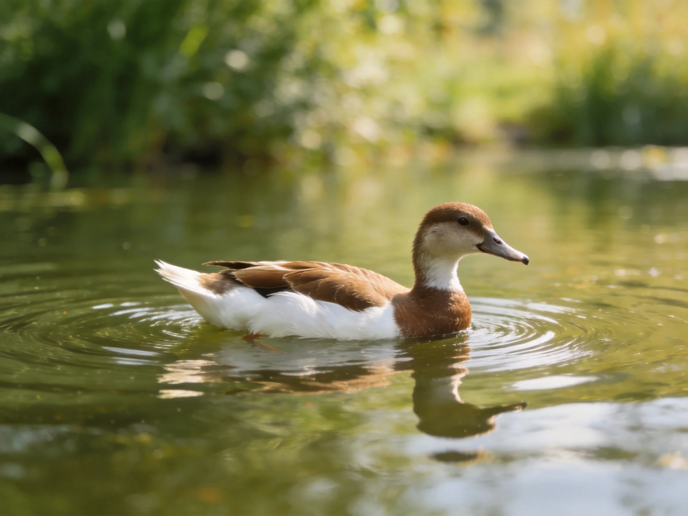 Brown and white duck swimming in calm green water near dense foliage