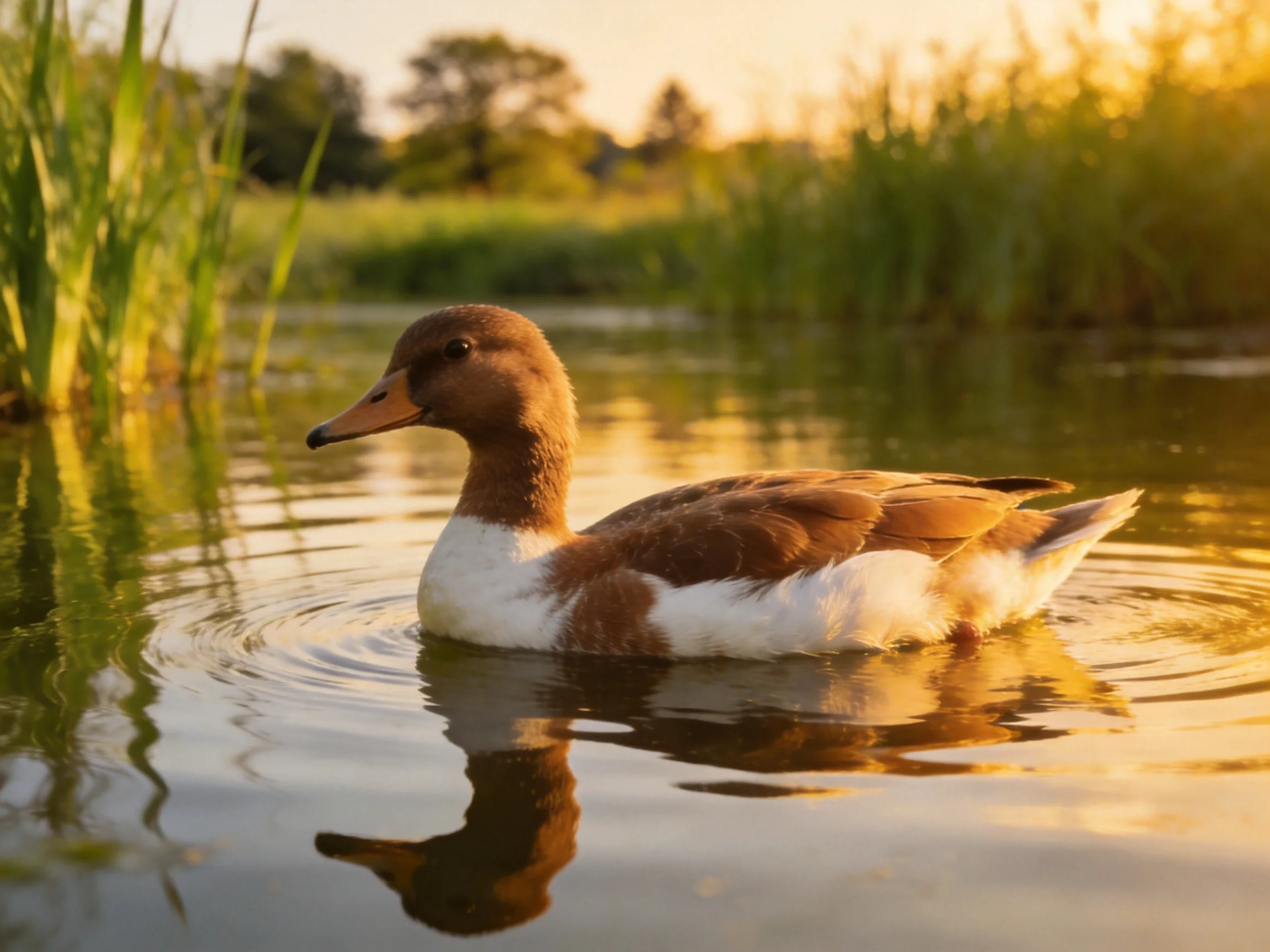 Brown and white duck swims in calm water near tall reeds under golden light