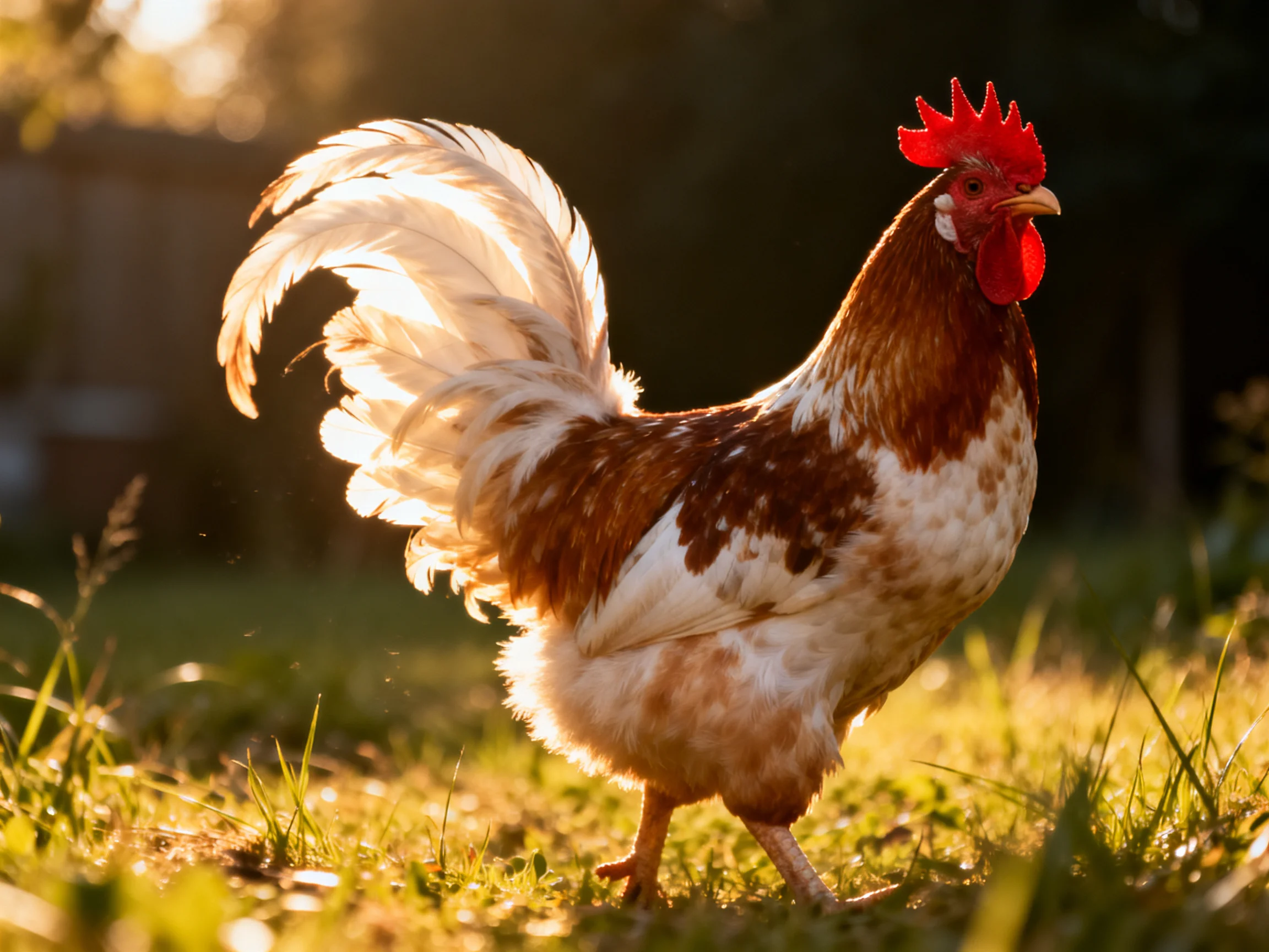 A rooster with brown and white plumage and a red comb moves across grass under warm sunlight.