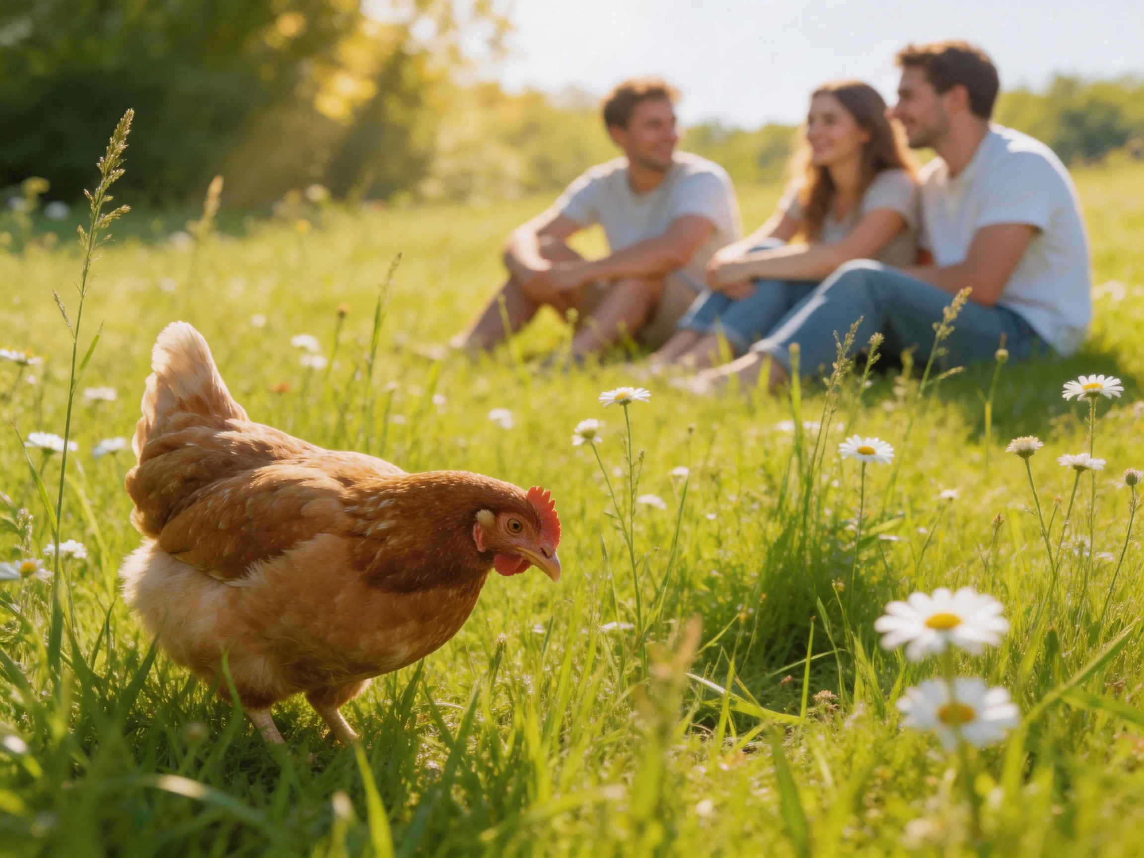 Brown chicken foraging in sunlit meadow with relaxed group
