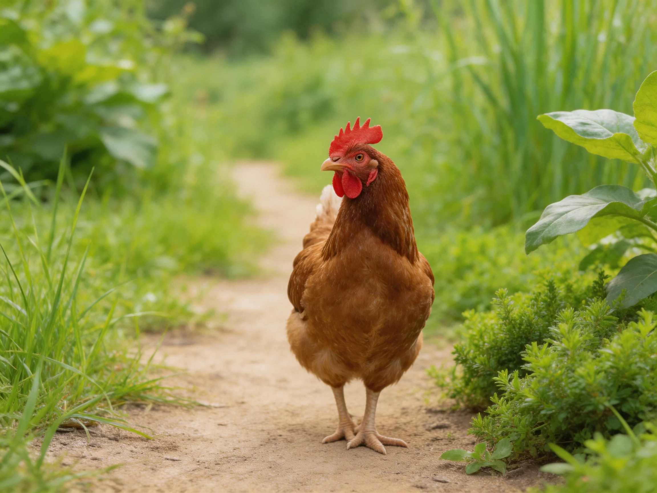 Brown chicken on dirt path surrounded by dense green foliage