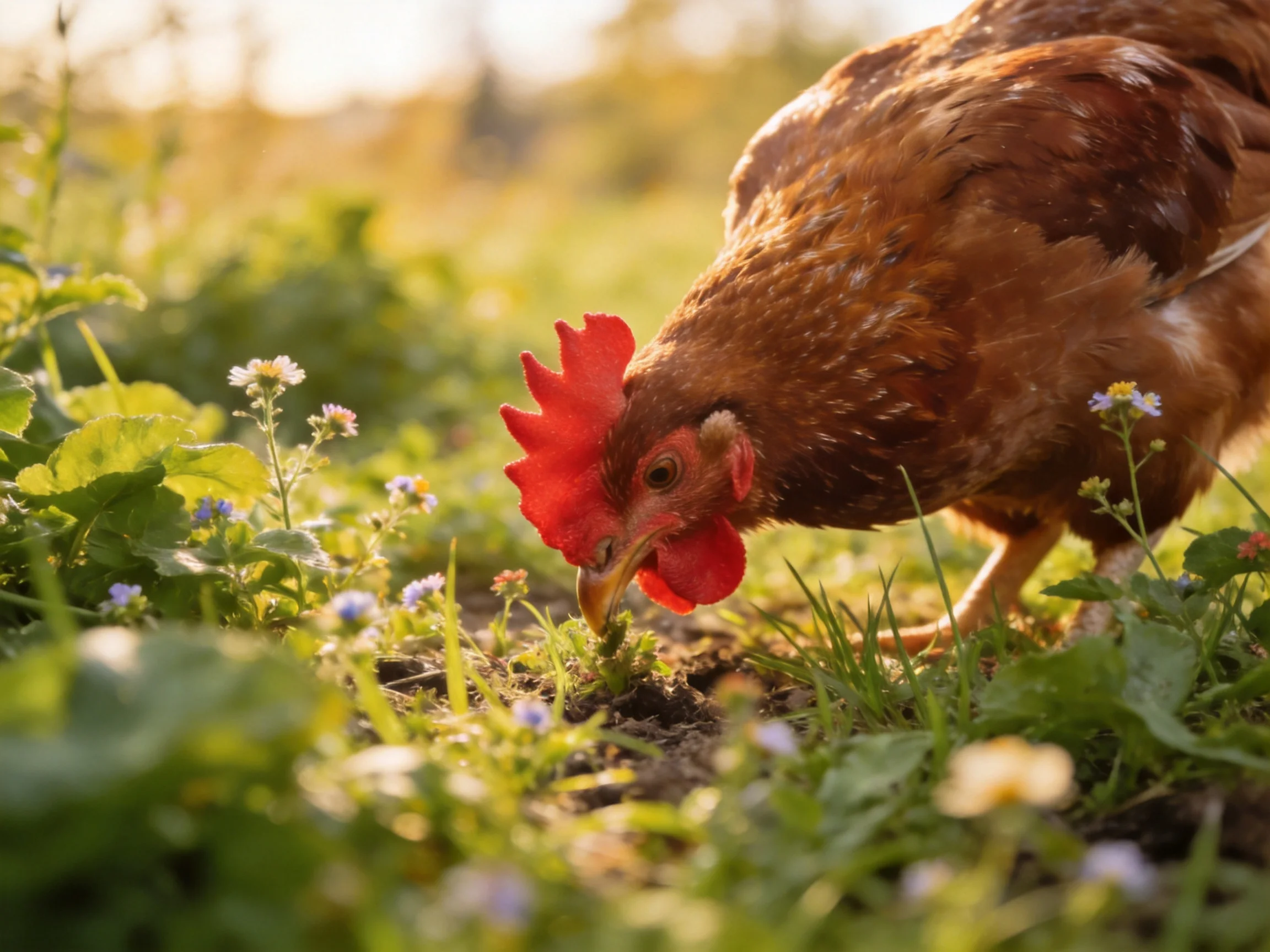 A brown chicken pecks at the ground amid lush vegetation and small blooms.