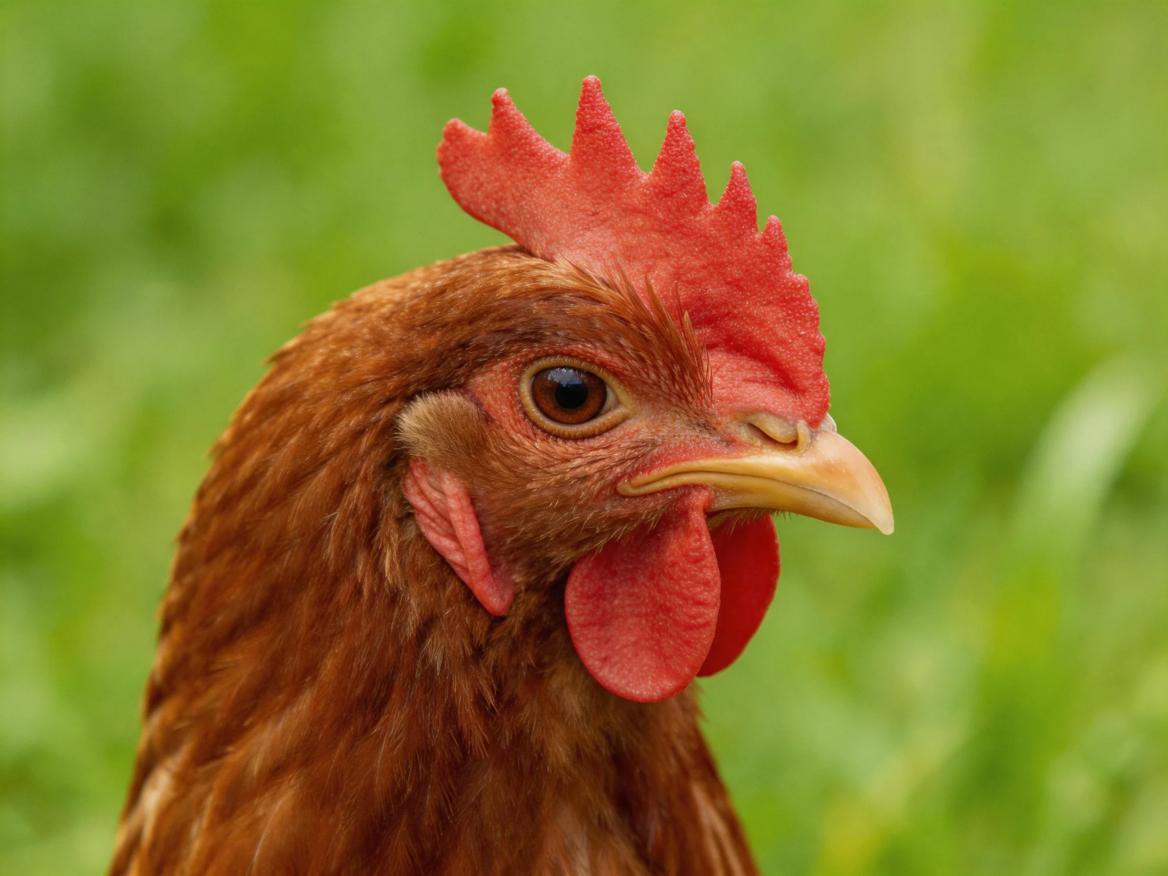 Brown chicken with bright red comb and wattles against green backdrop