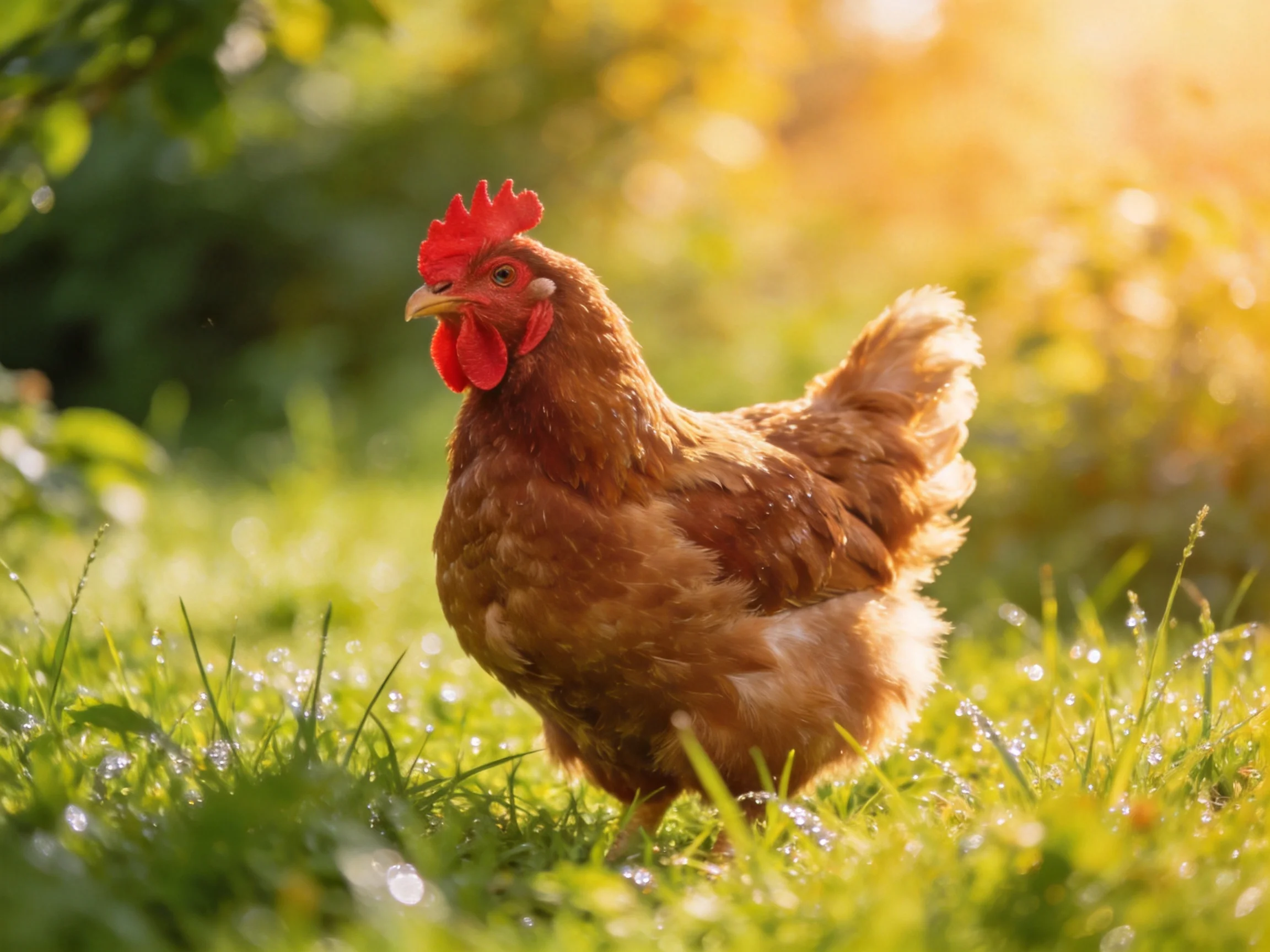 Brown chicken with red comb on dewy grass in sunlit meadow