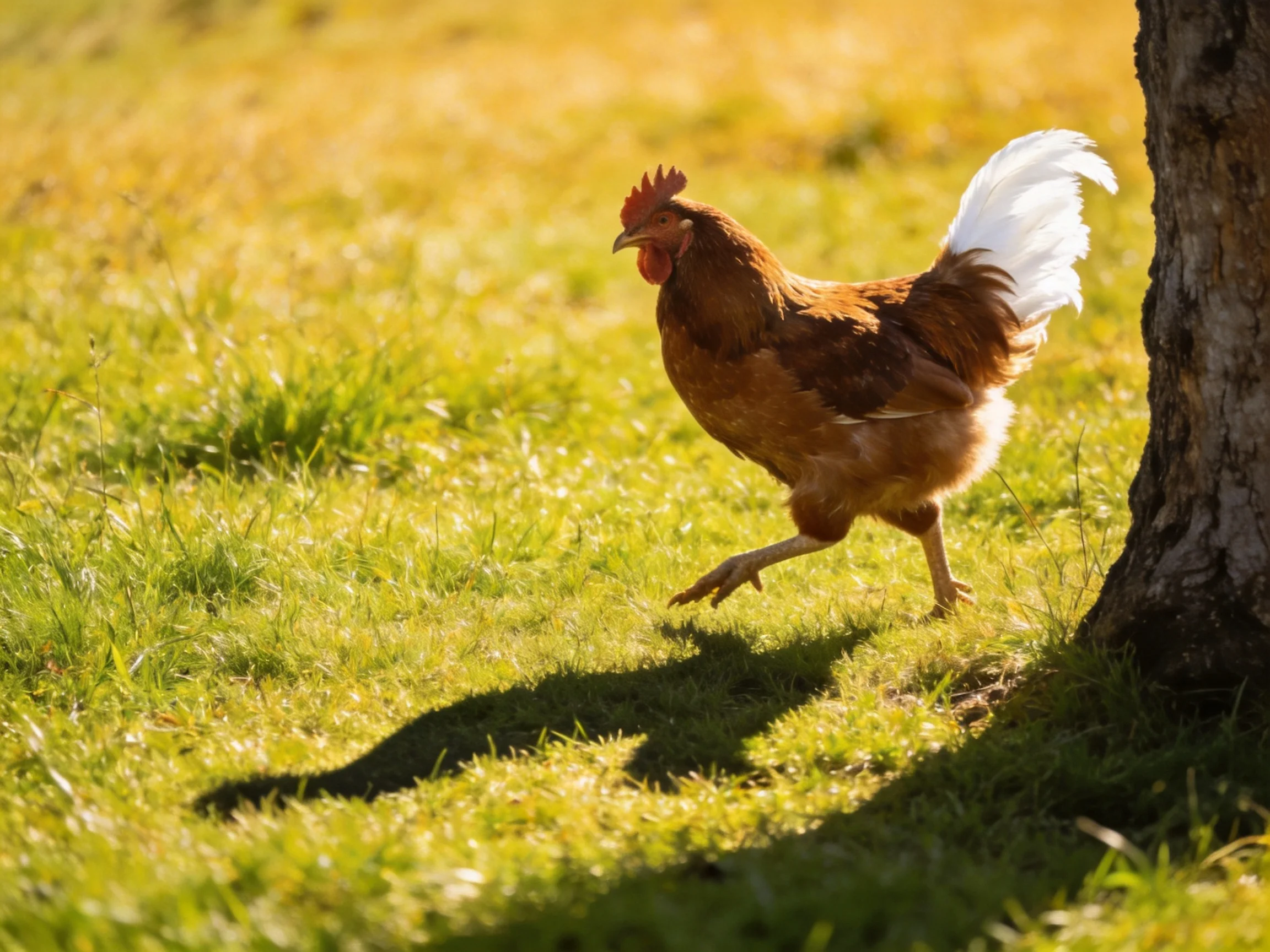 Brown chicken with white tail running near tree trunk on sunlit grass