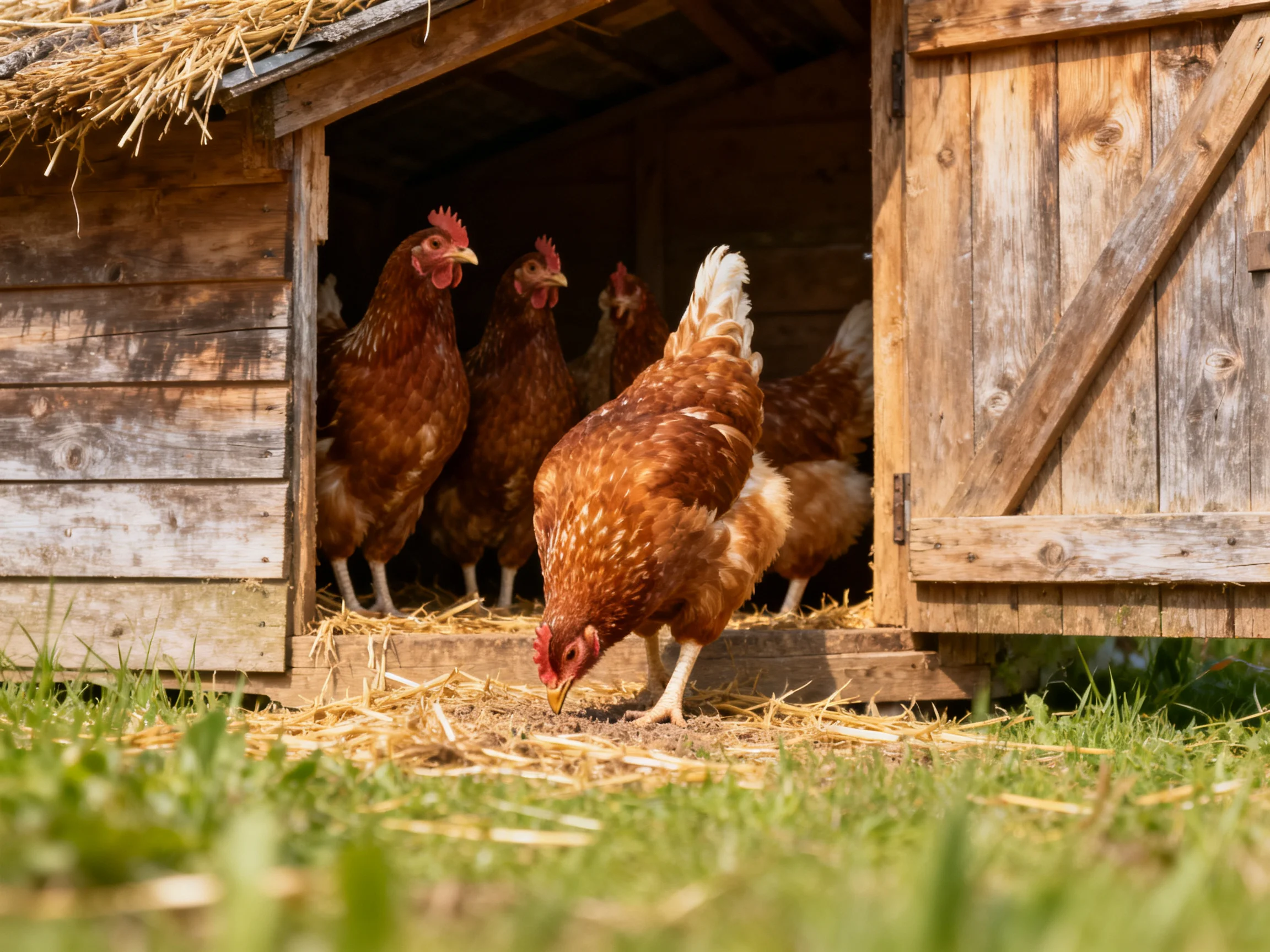 Brown chickens gather outside an old wooden chicken coop with straw surroundings.