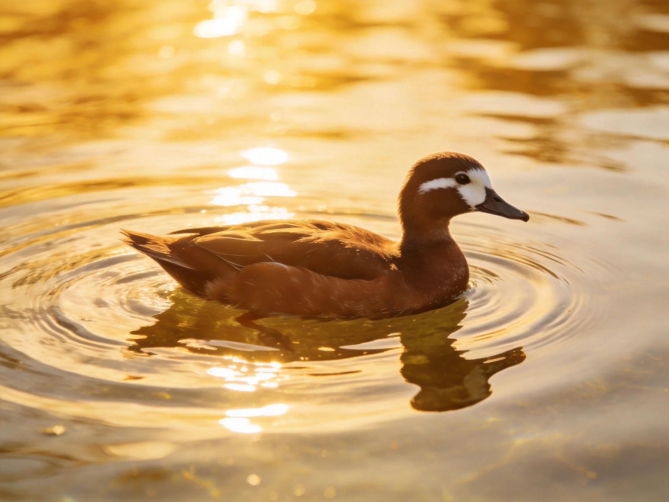 Brown duck swimming in golden water lit by warm sunlight