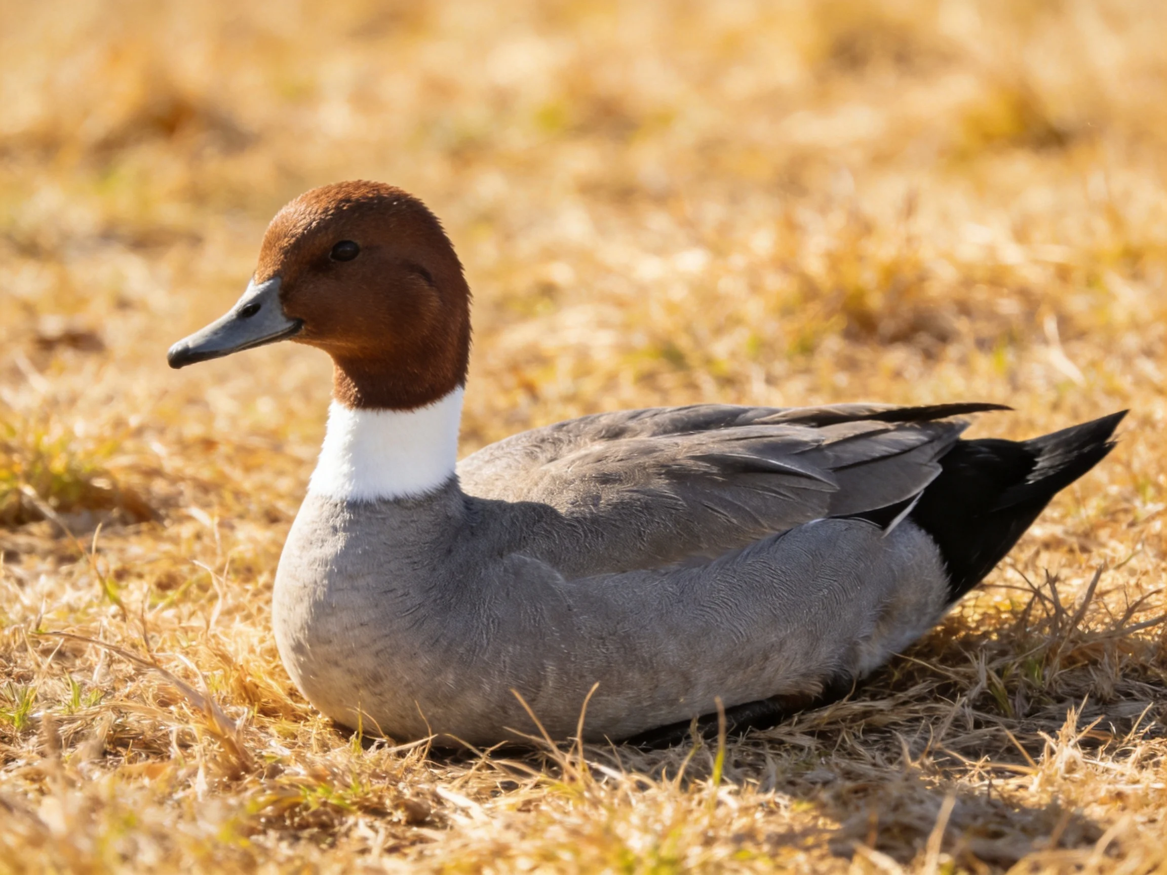 A duck with a brown head, white neck, and gray body rests on dry grass.