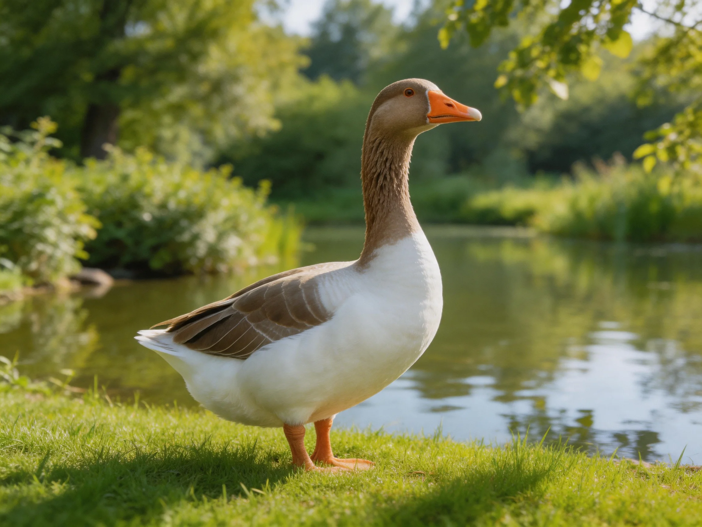 Brown-headed goose near calm pond with lush green surroundings