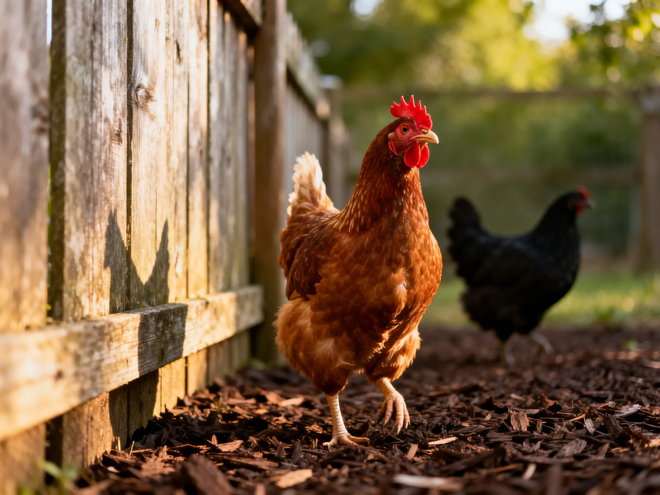 Brown hen and black chicken near weathered wooden fence