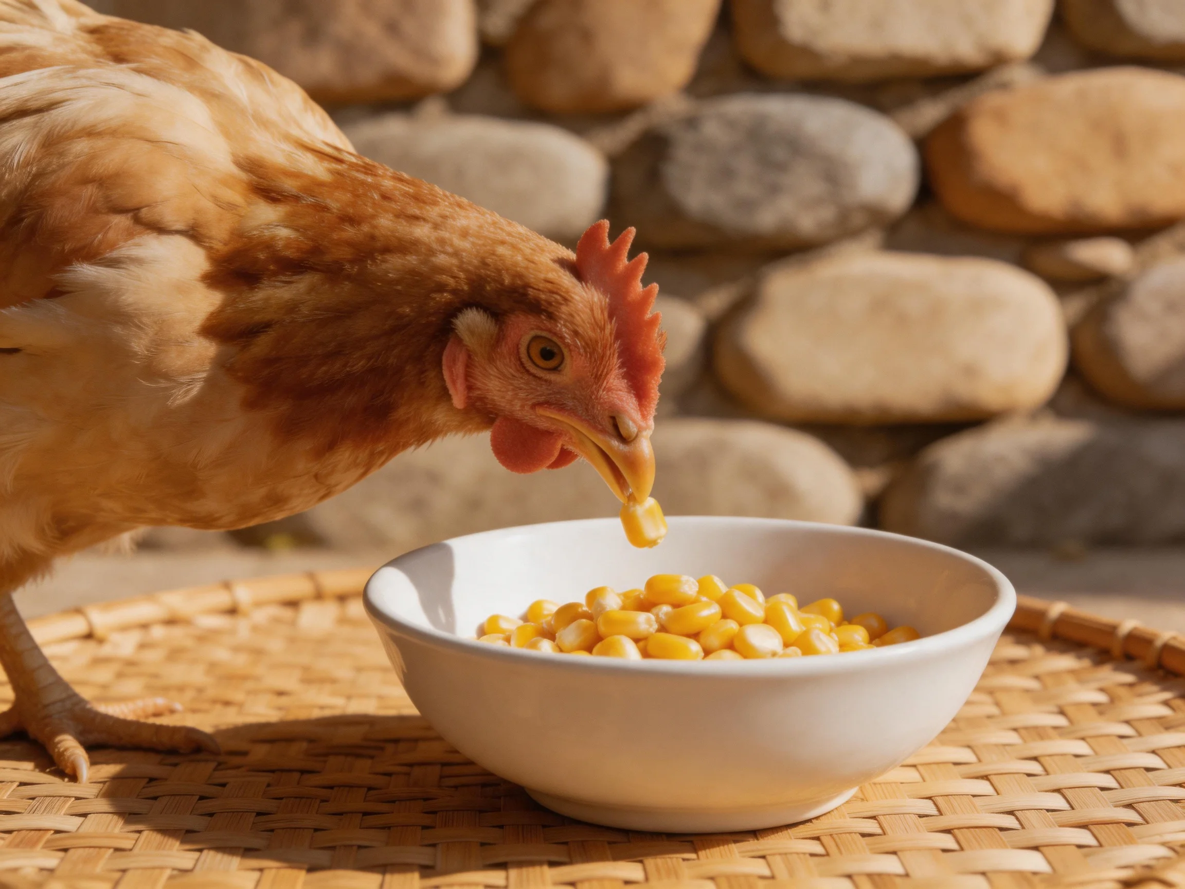 Brown hen eating yellow corn from white bowl on woven mat