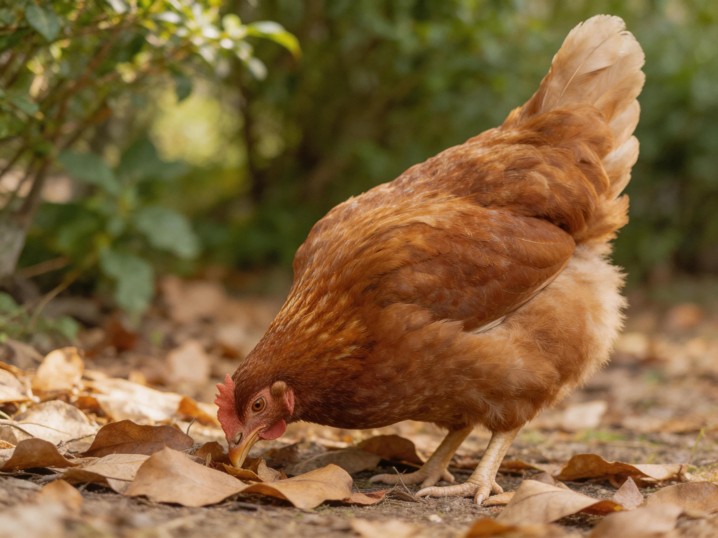 Brown hen foraging among dry autumn leaves in a green garden