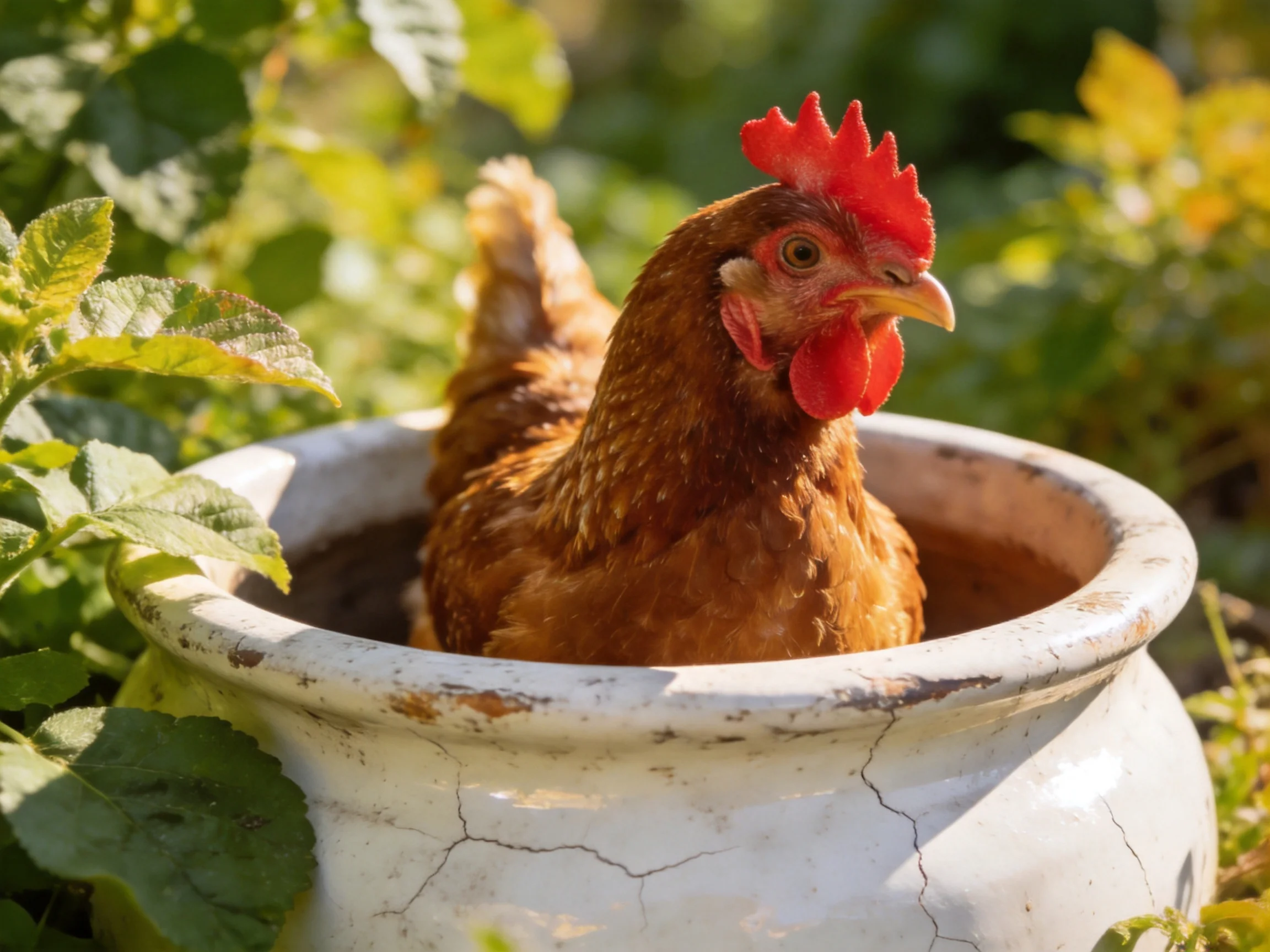 Brown hen resting in aged white ceramic pot amid lush greenery