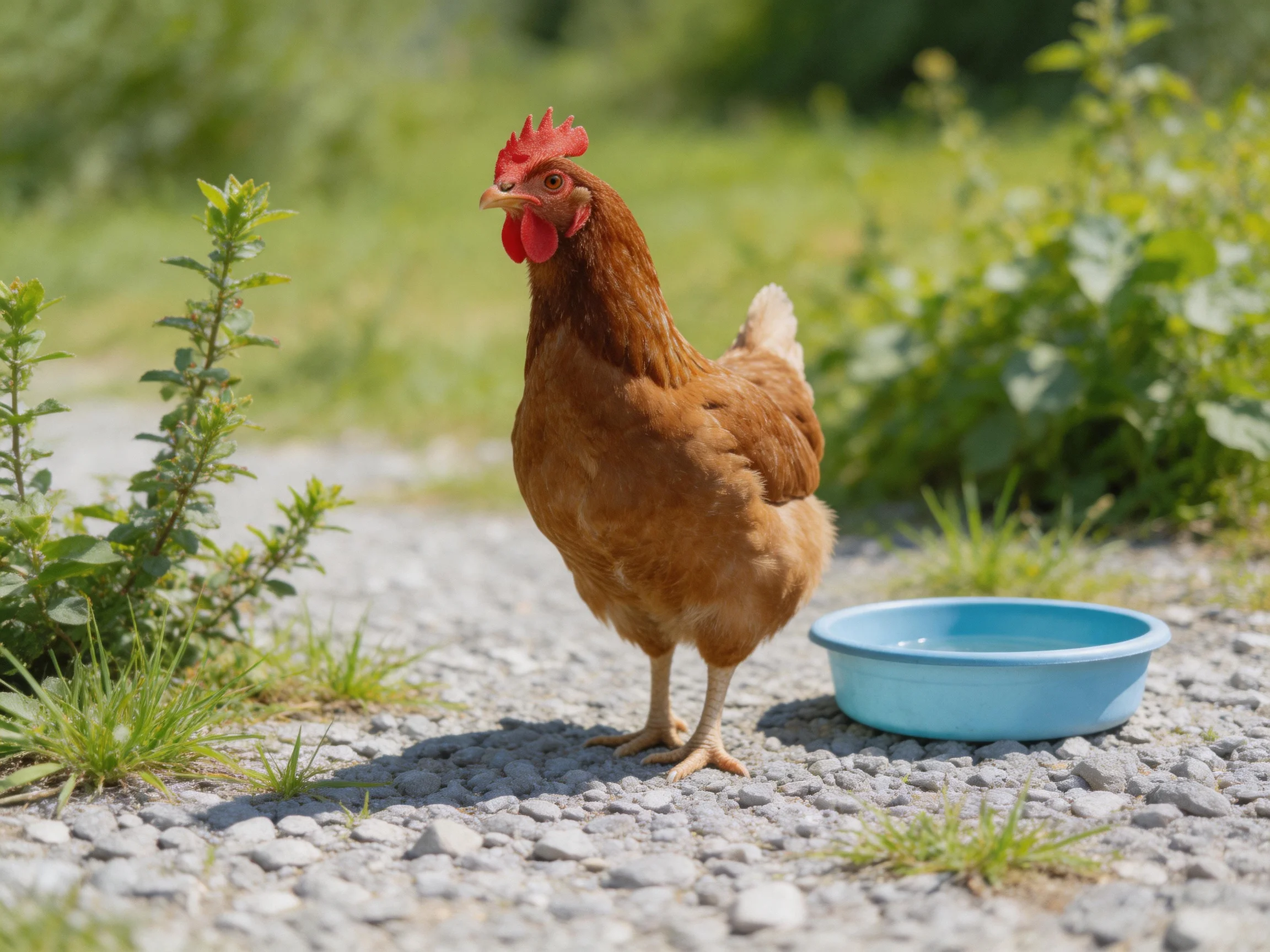 Brown hen stands on gravel near blue water dish amid greenery