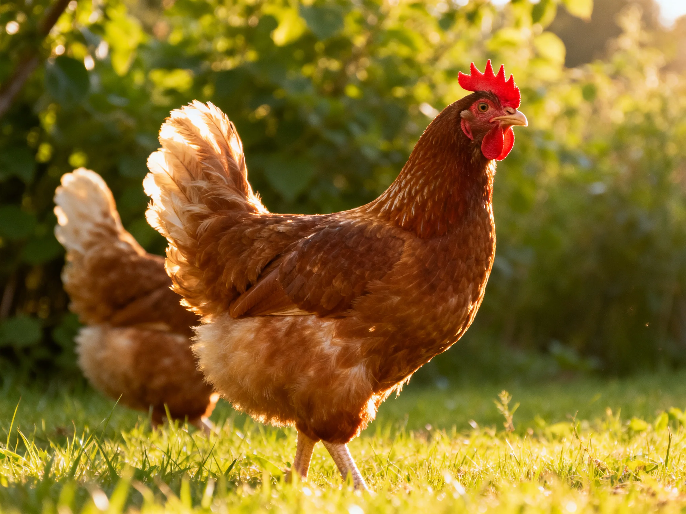 Brown hen walking in sunlit grass with green foliage in the background