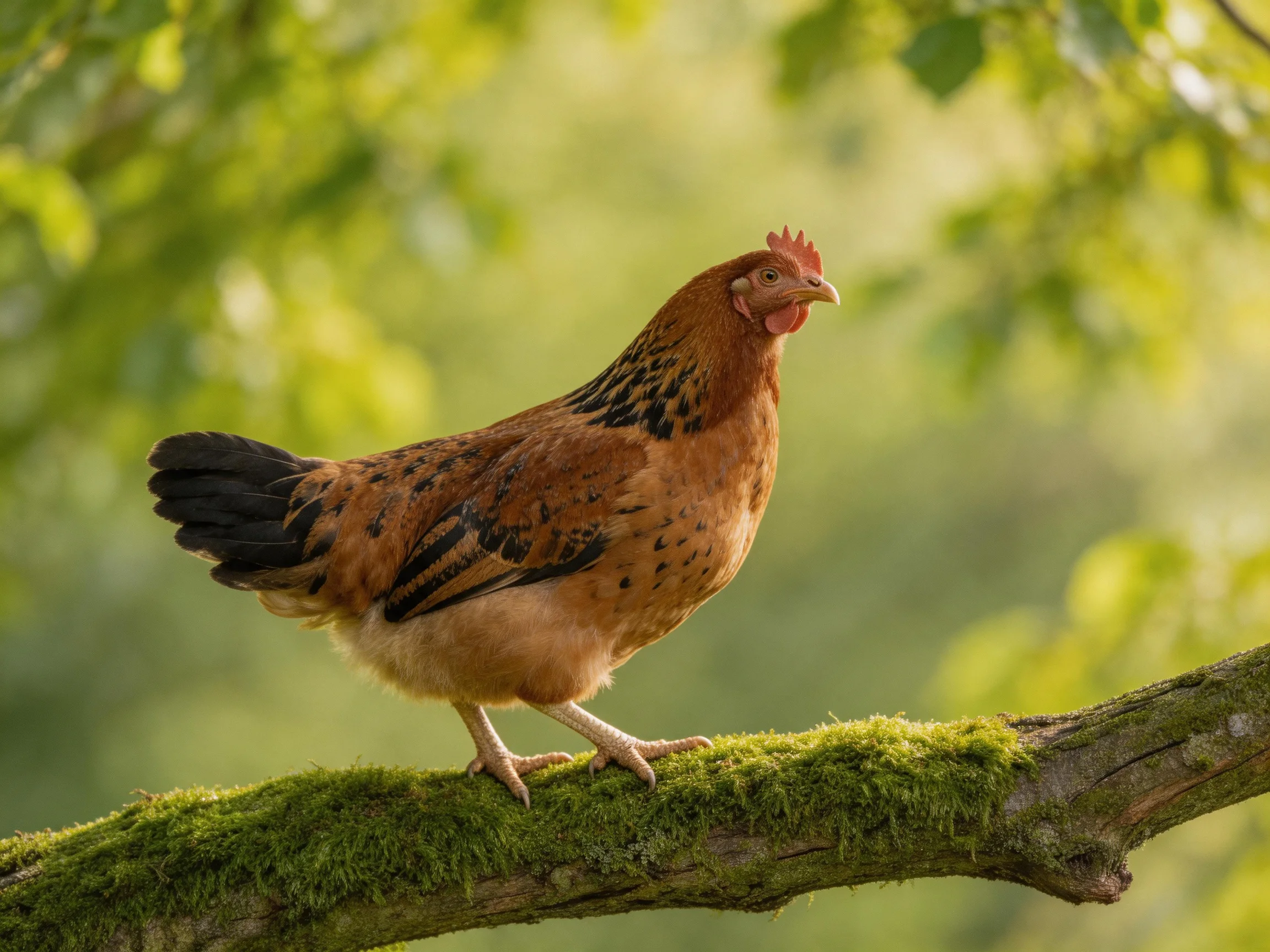 Brown hen with black tail feathers on mossy branch