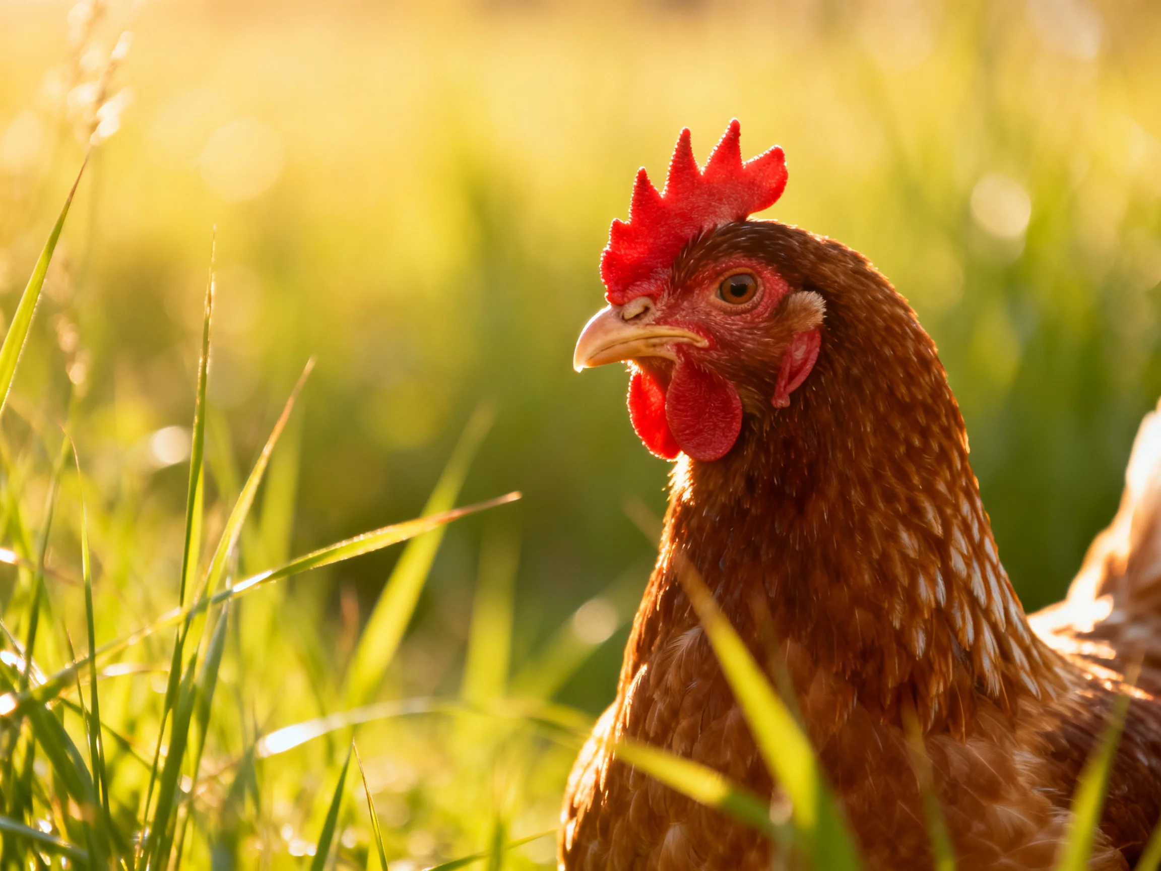 Brown hen with bright red comb in sunlit grassy area