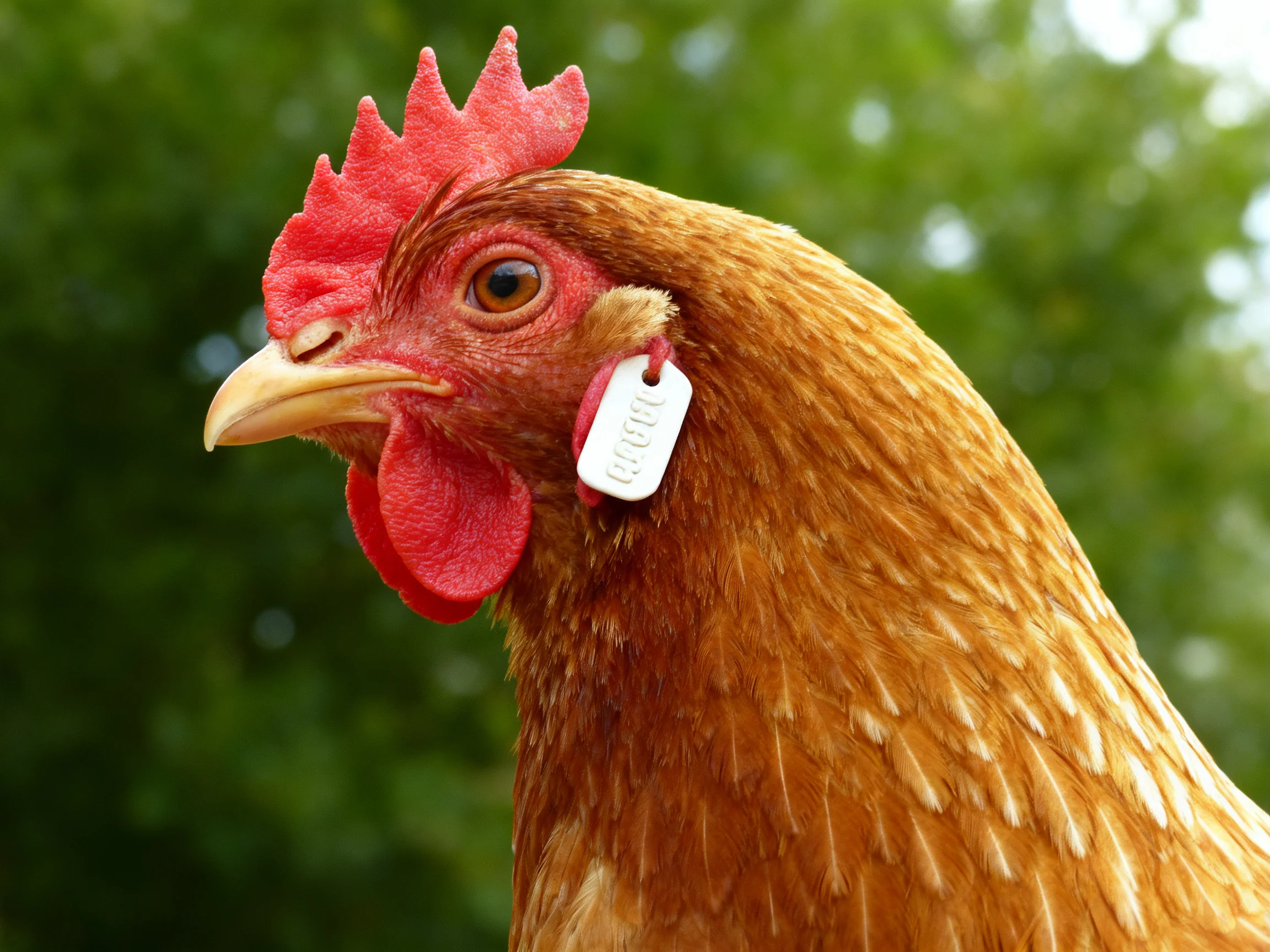Brown hen with red comb, ear tag, green backdrop