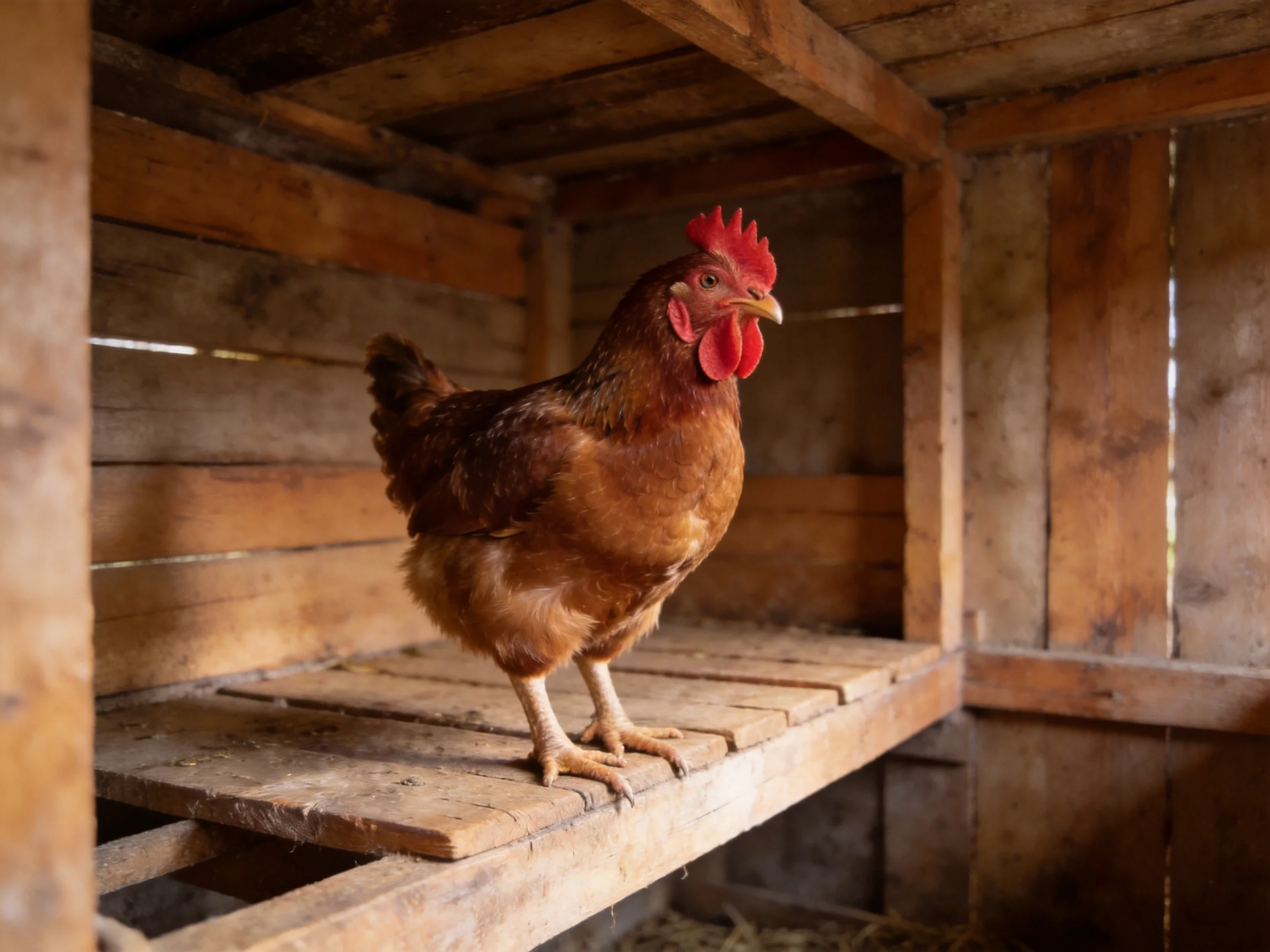 A brown hen with a red comb is inside a wooden chicken coop.