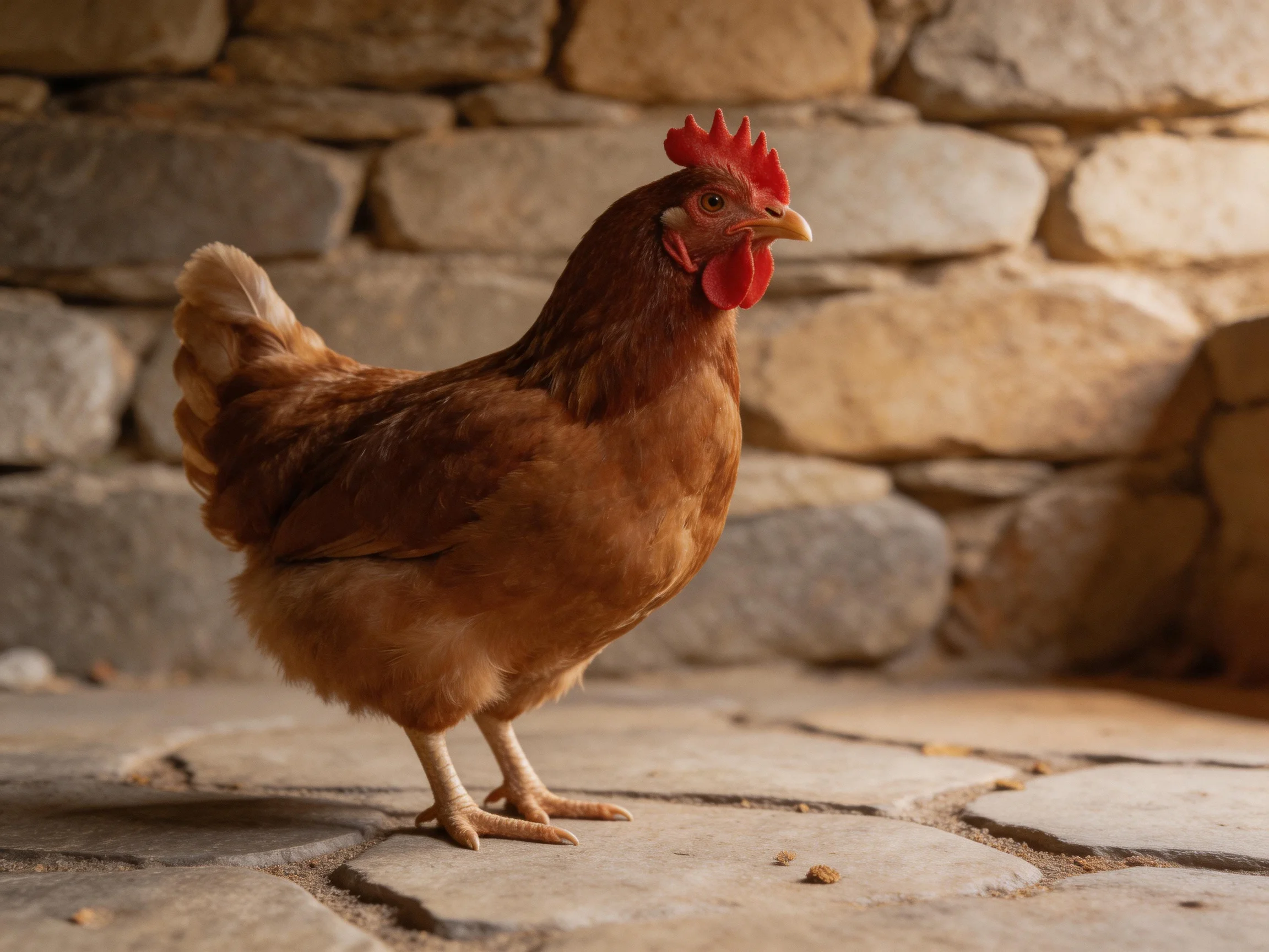 Brown hen with red comb on stone floor beside stone wall