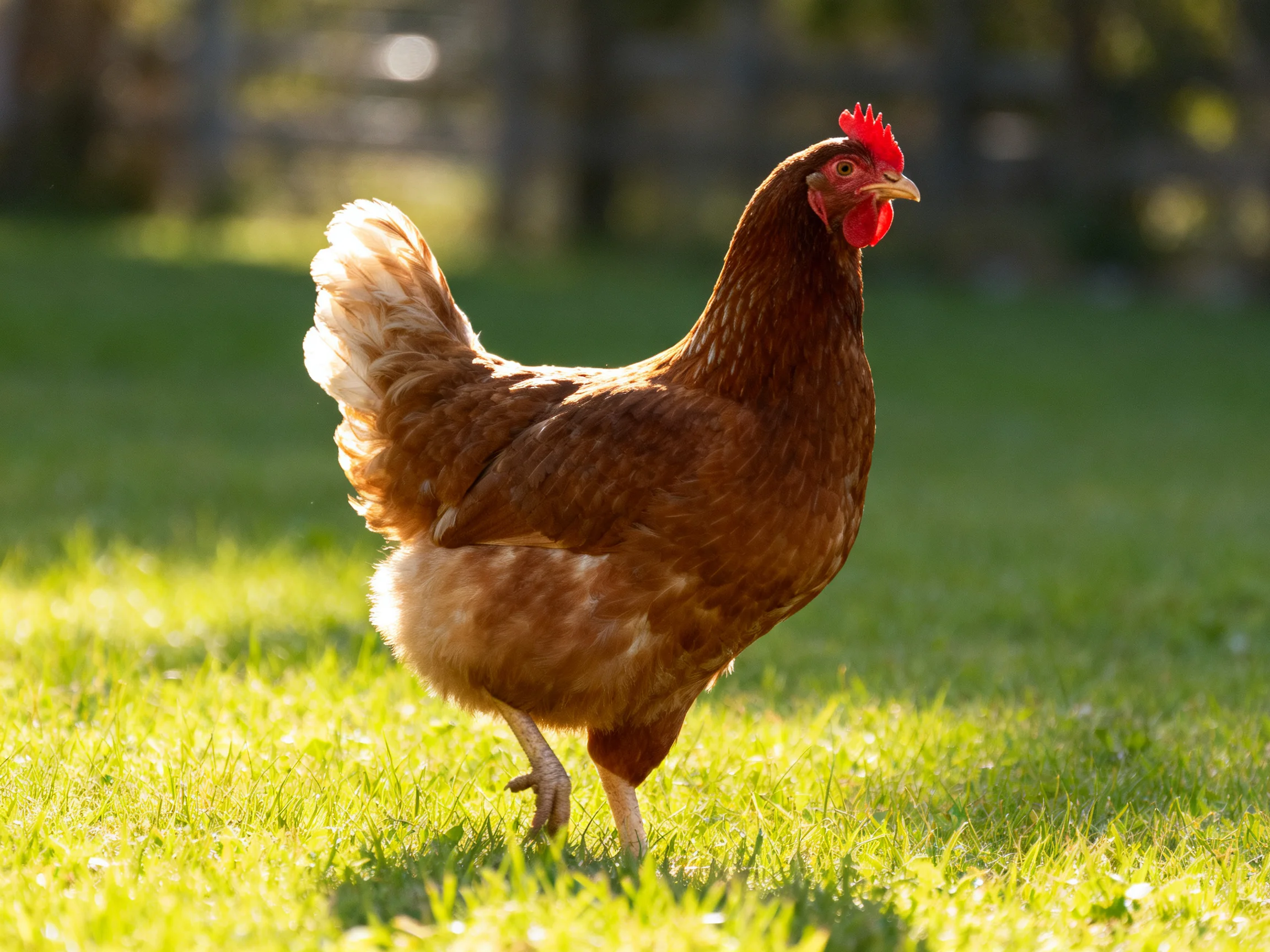 Brown hen with red comb strolling on vibrant green grass
