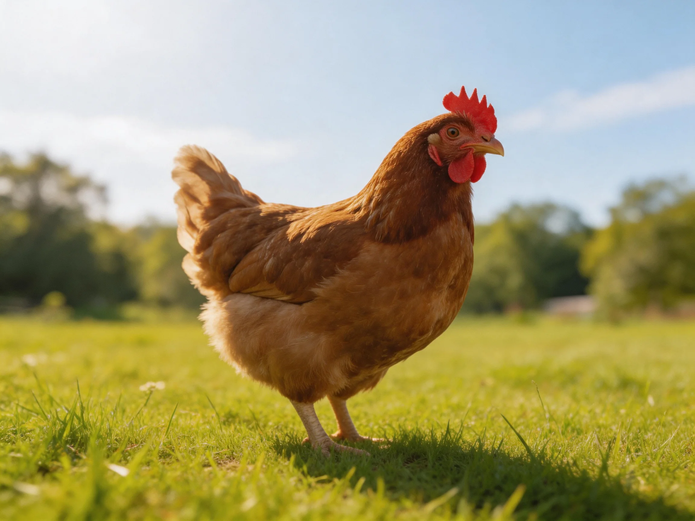 Brown hen with red comb walking on green grass under clear sky