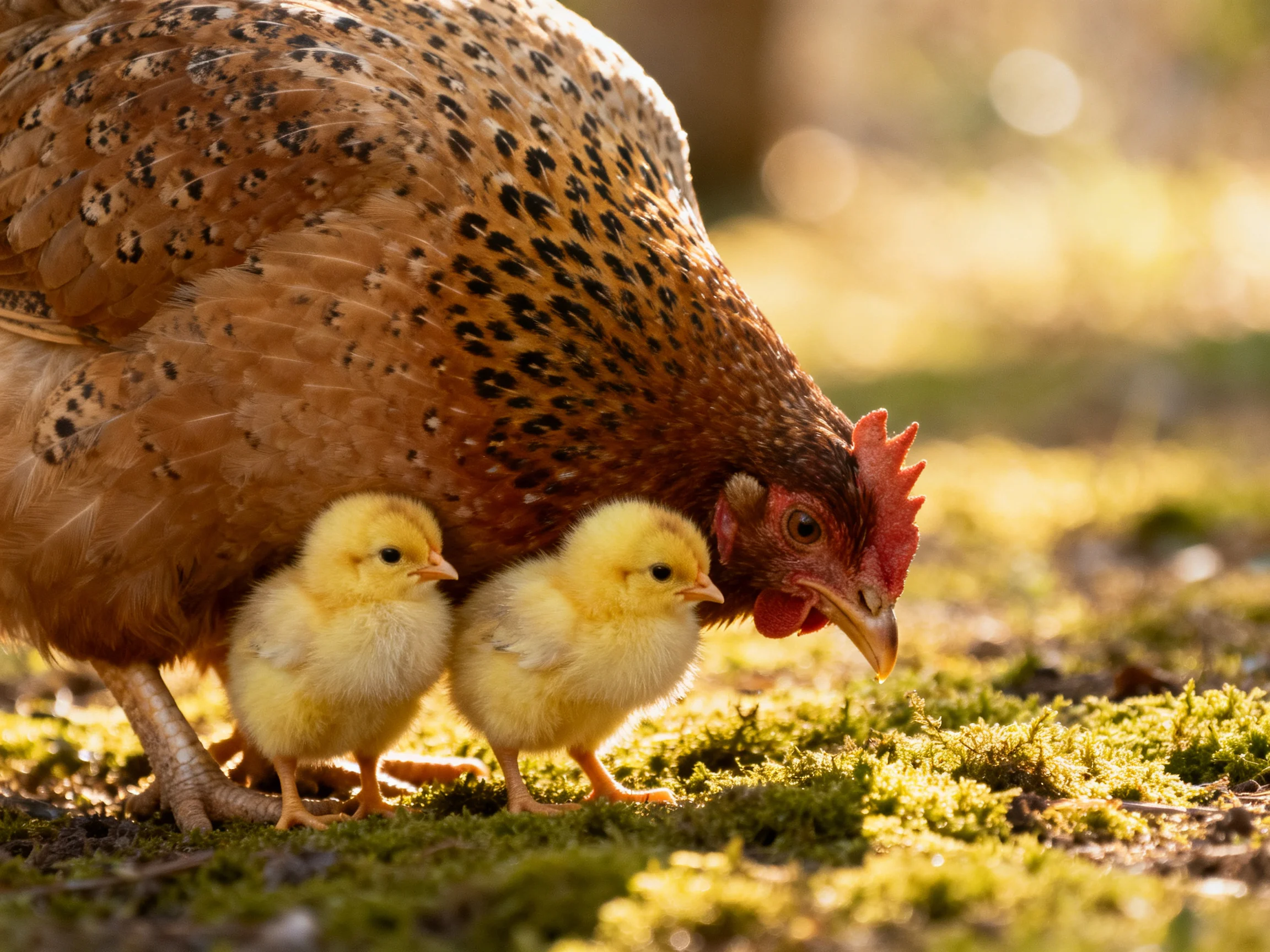 Brown hen with two yellow chicks on mossyterrain