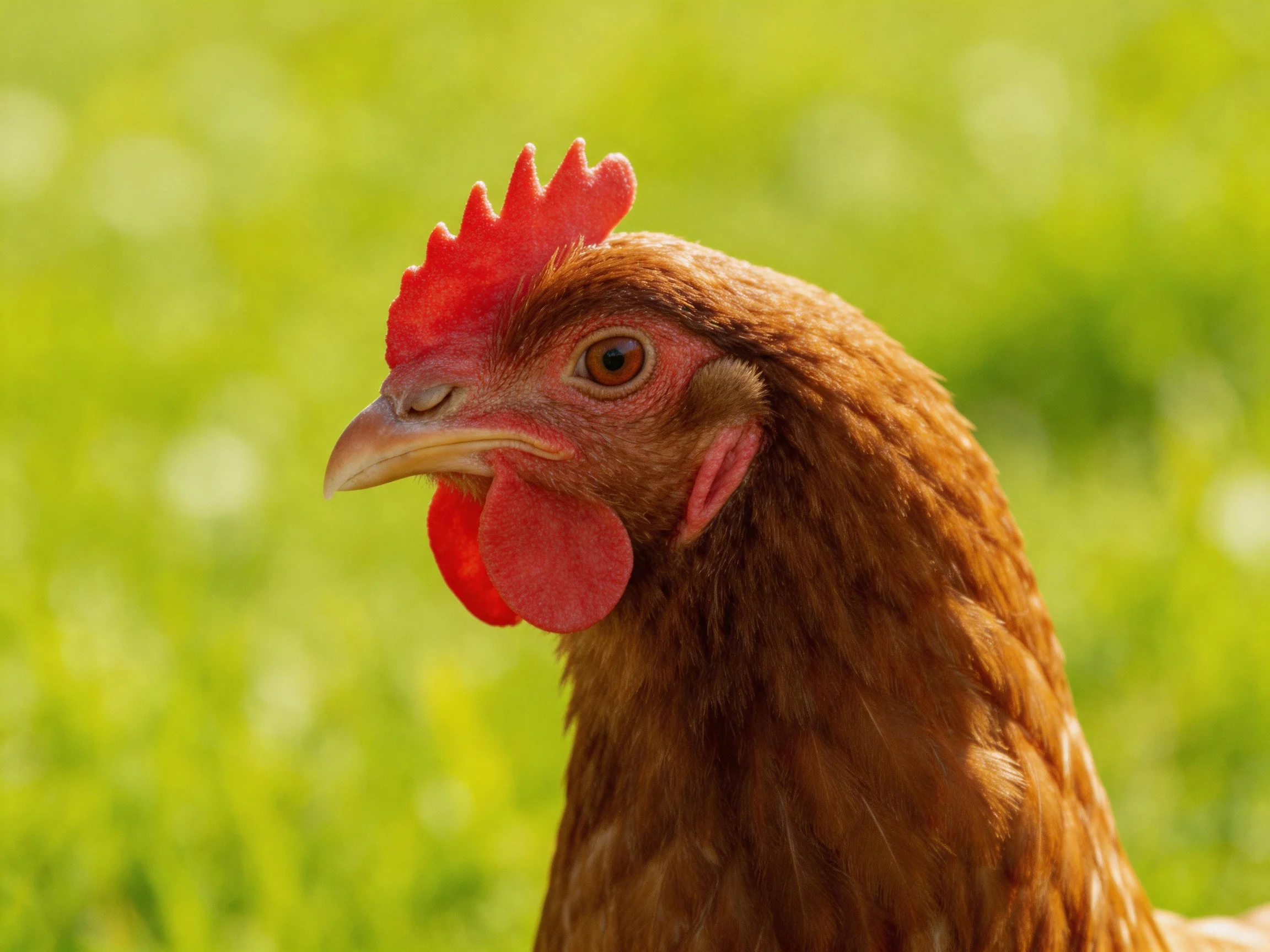 Brown hen with vibrant red comb and wattles in a sunny green field