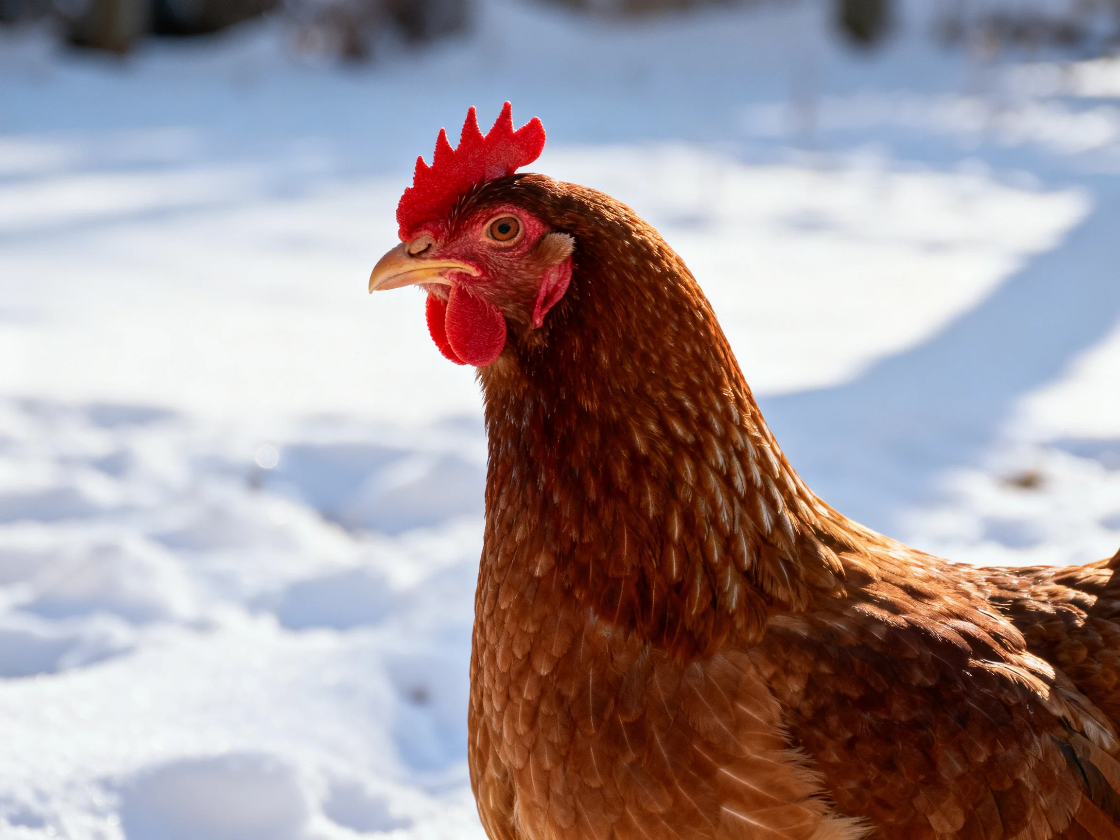 Brown hen with vibrant red comb in snowy outdoor scene