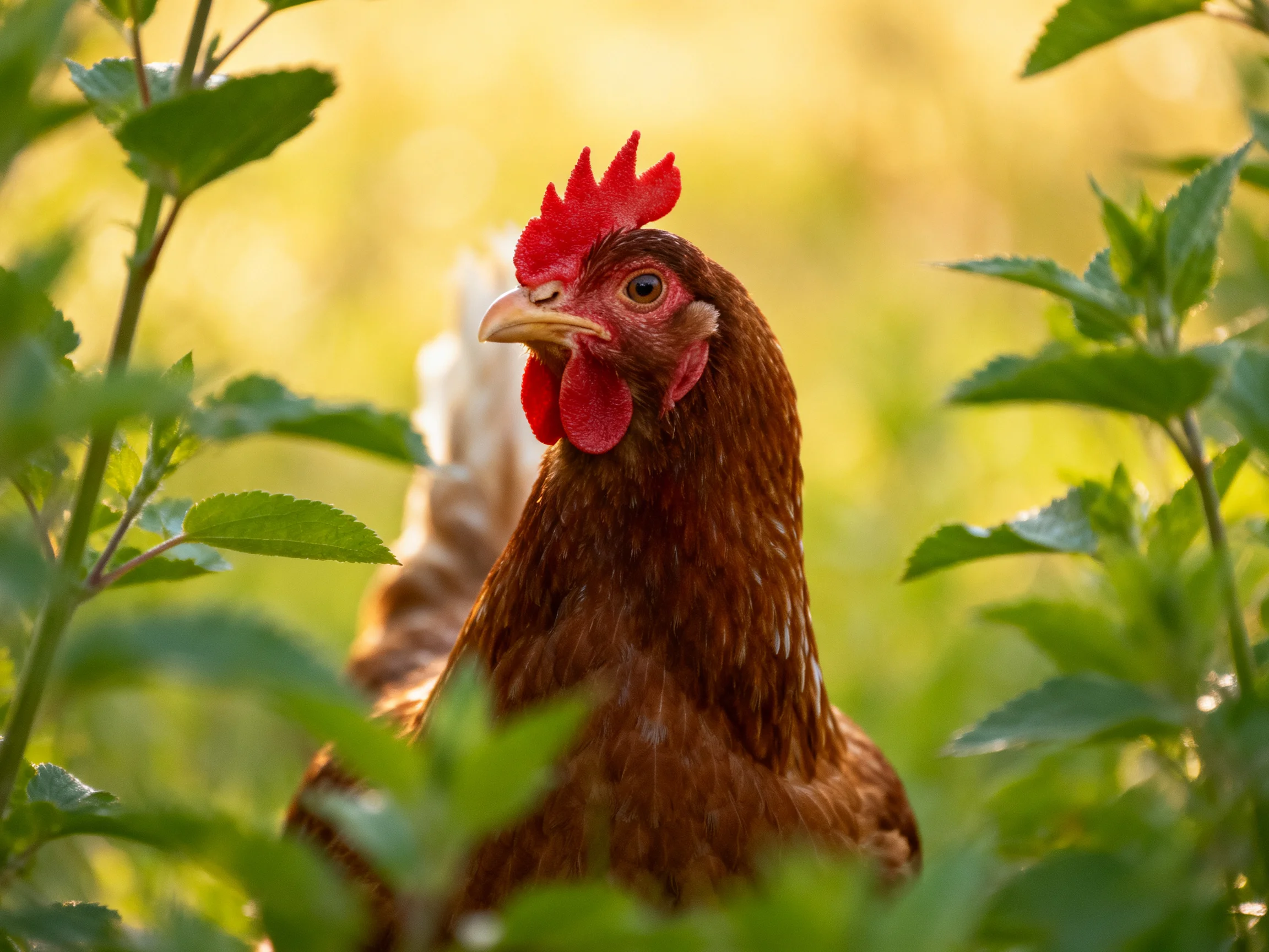 Brown hen with vibrant red comb in sunlit greenery