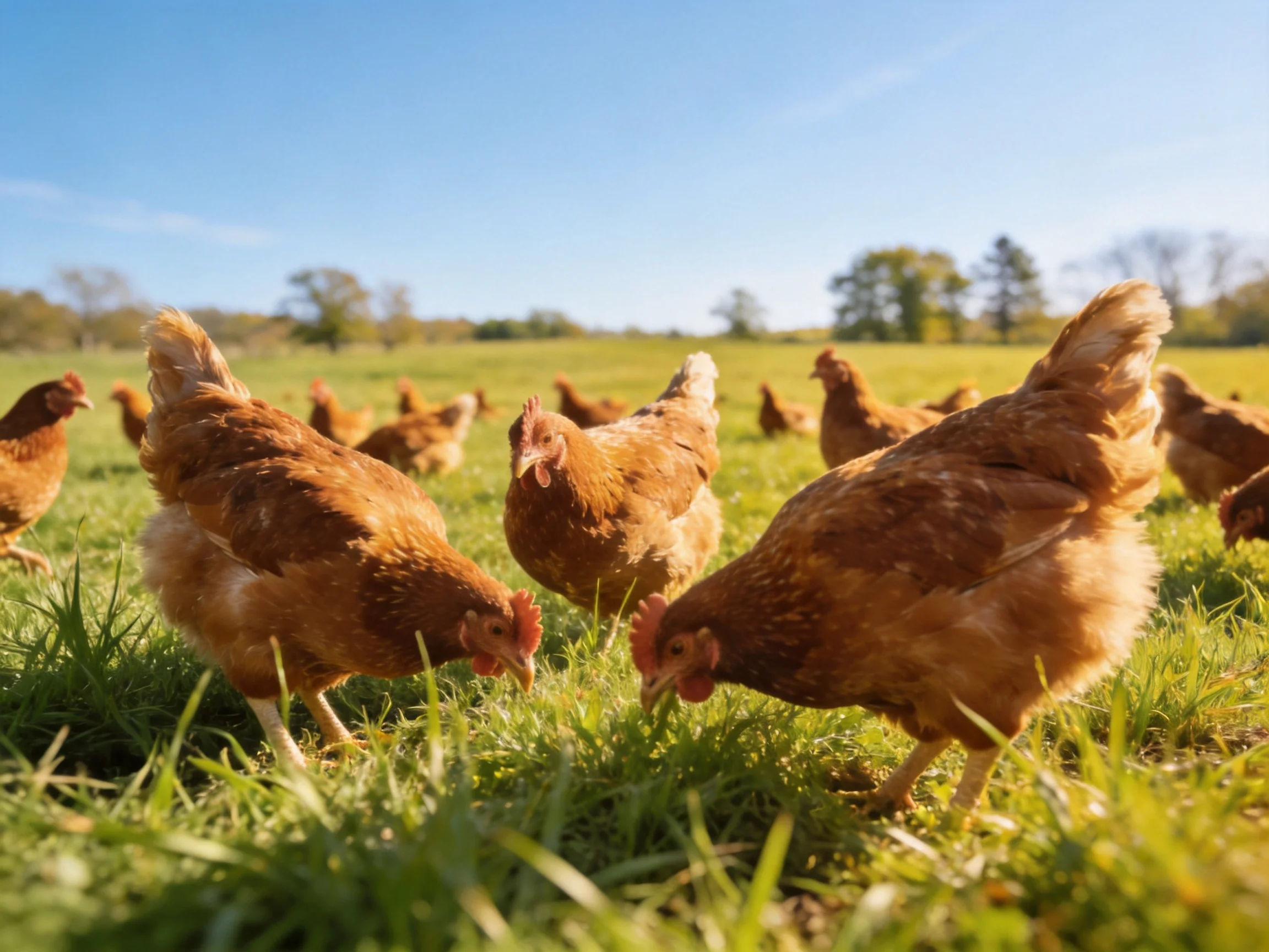 Brown hens foraging in a lush green pasture under bright sunlight