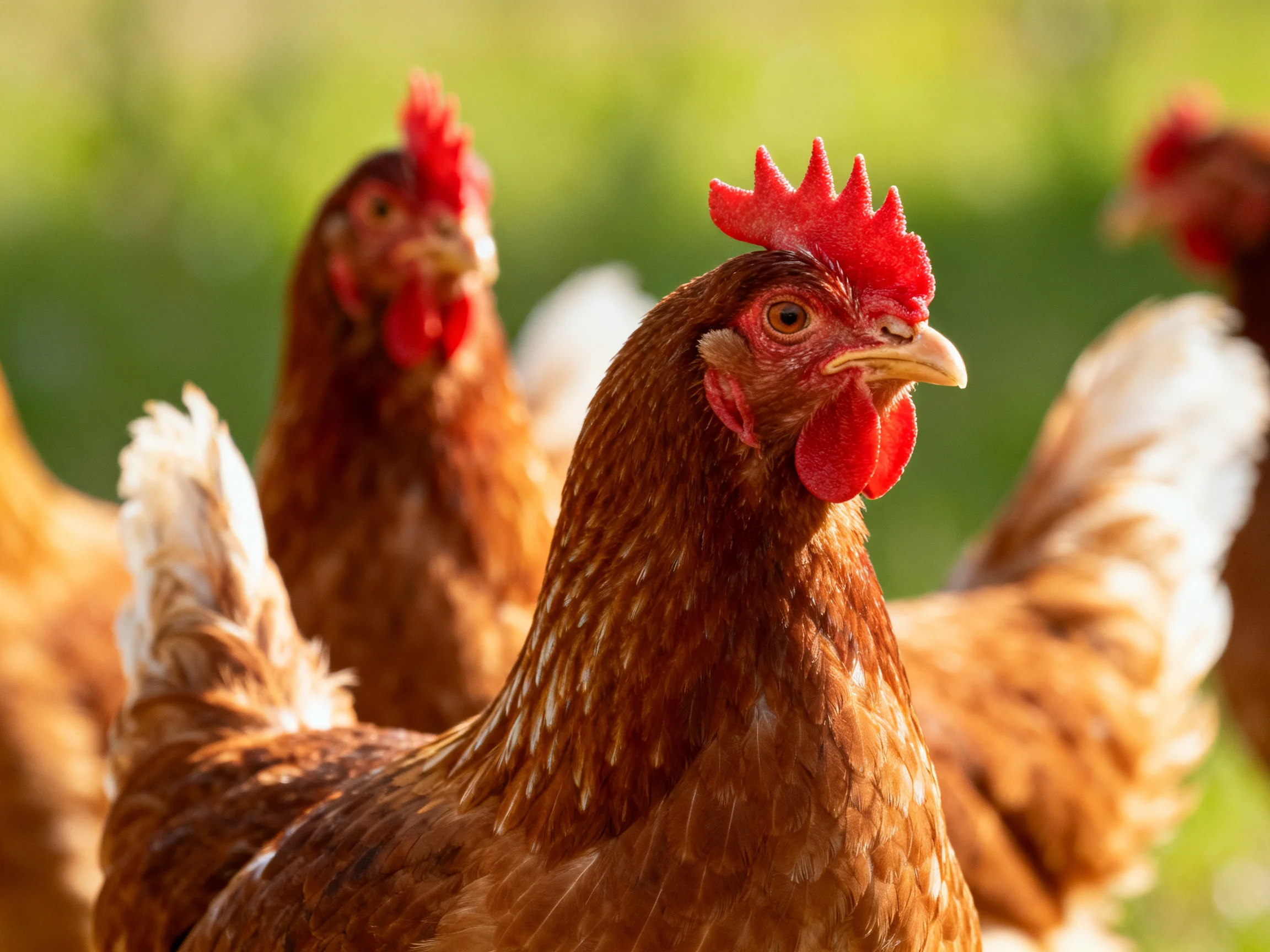 Brown hens with vibrant red combs in a sunlit green field