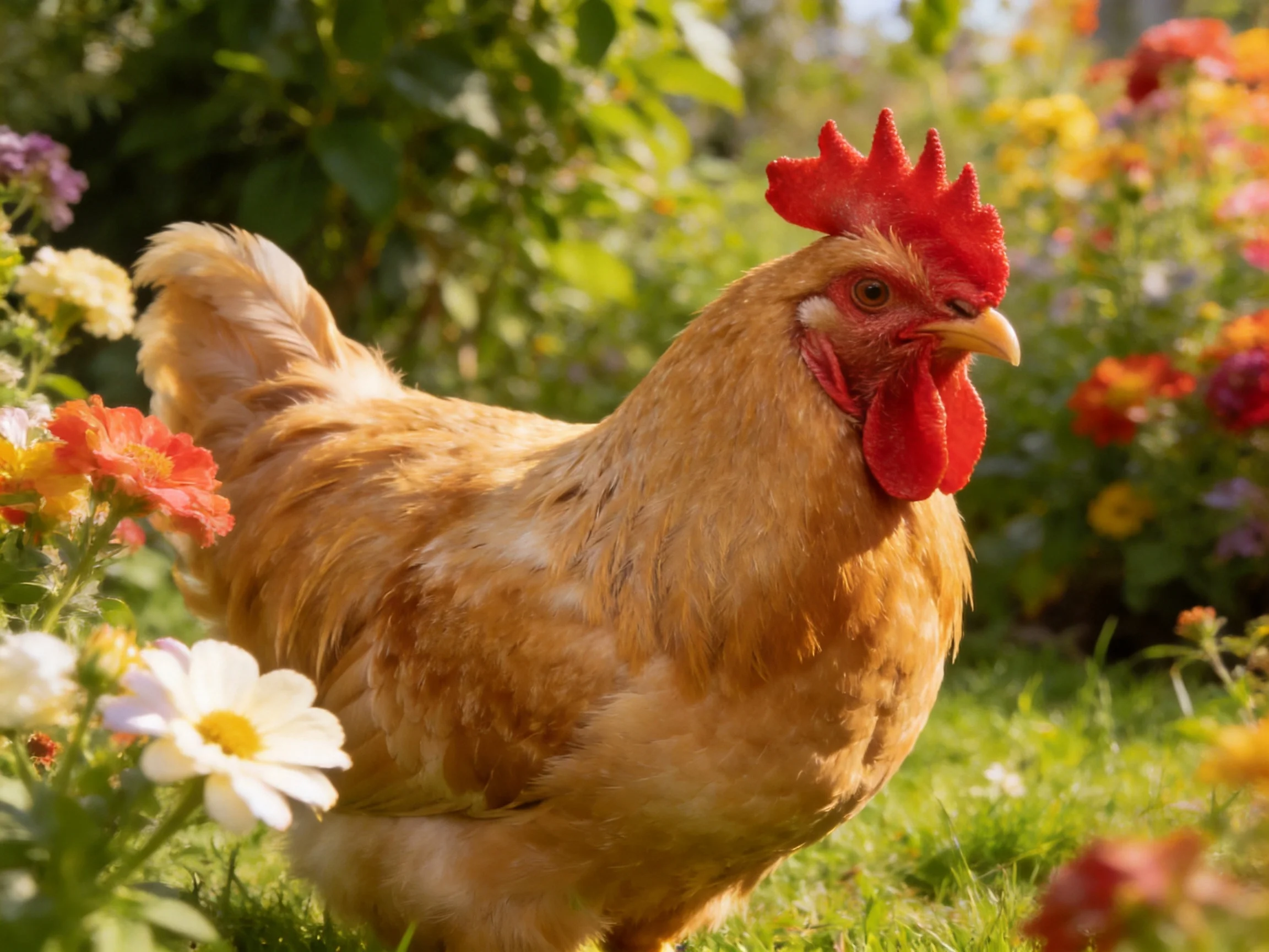 Brown rooster amidst vibrant flowers in sunny garden