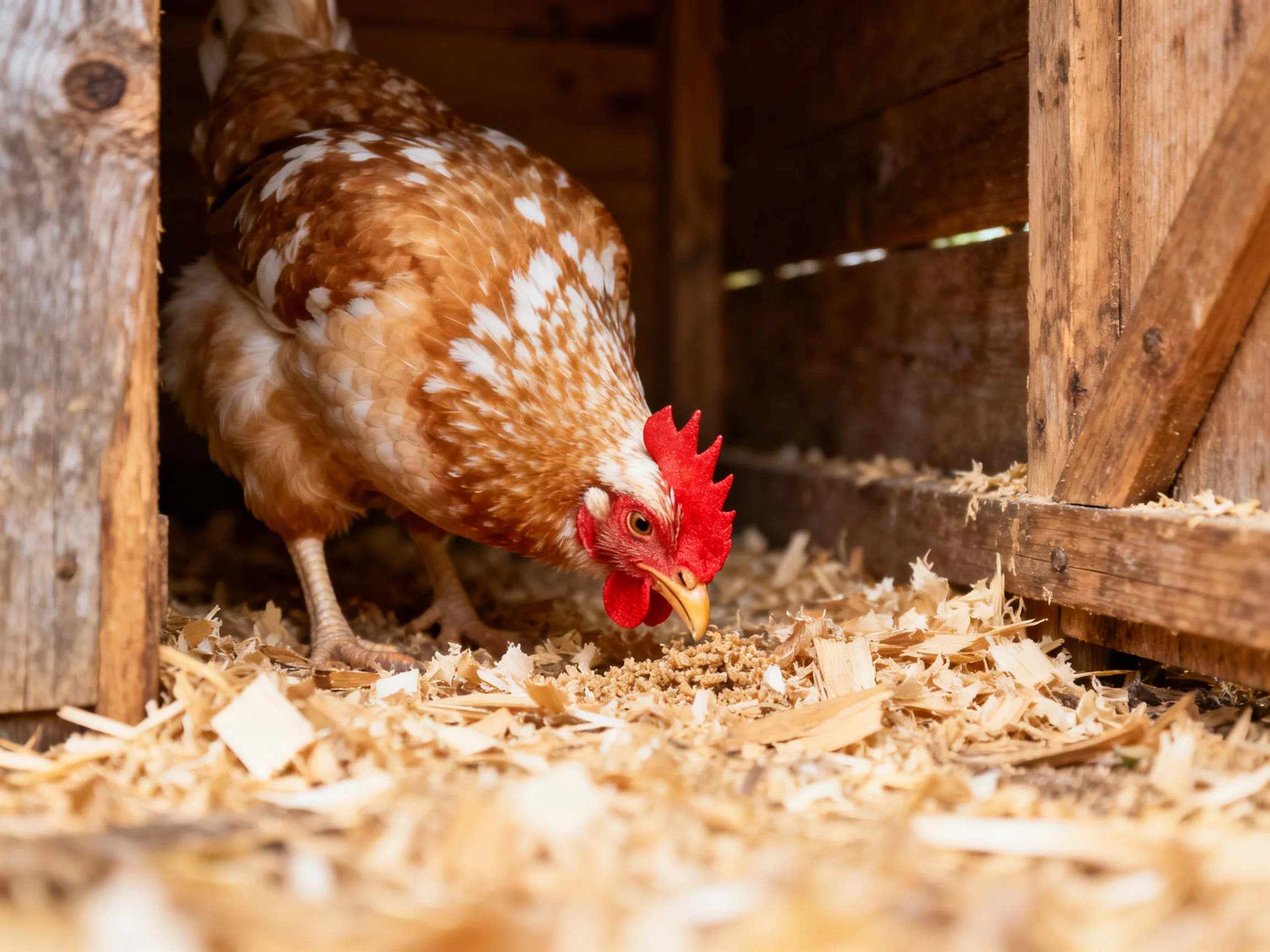 Brown-speckled chicken pecks near wood shavings in wooden shelter