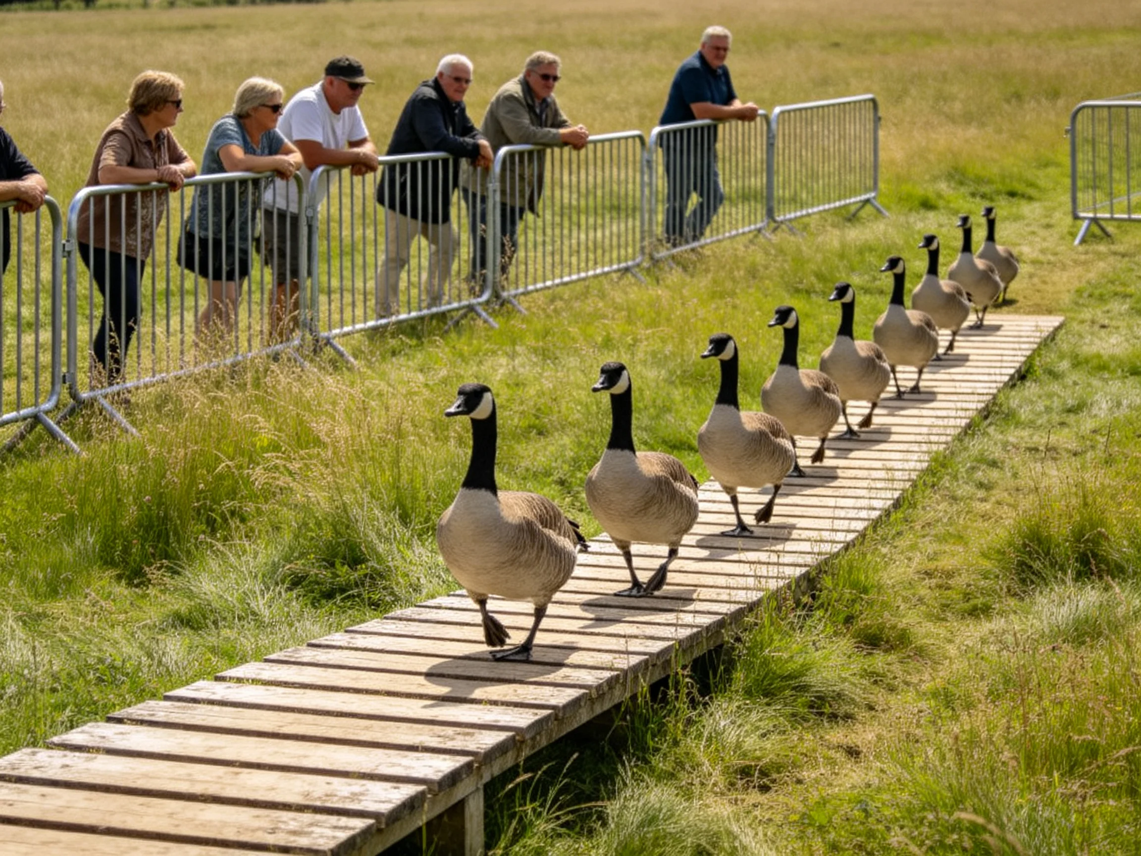 Canada Geese Marching Along a Wooden Pathway Under Sunny Skies