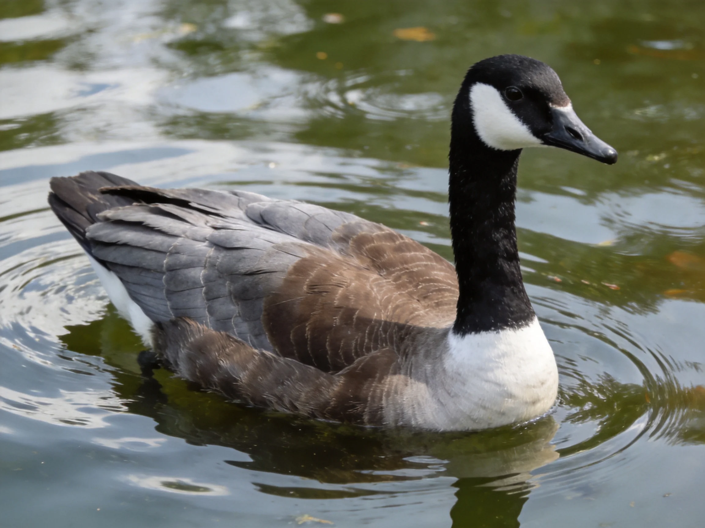 Canada Goose with black, white, brown plumage swimming in green water