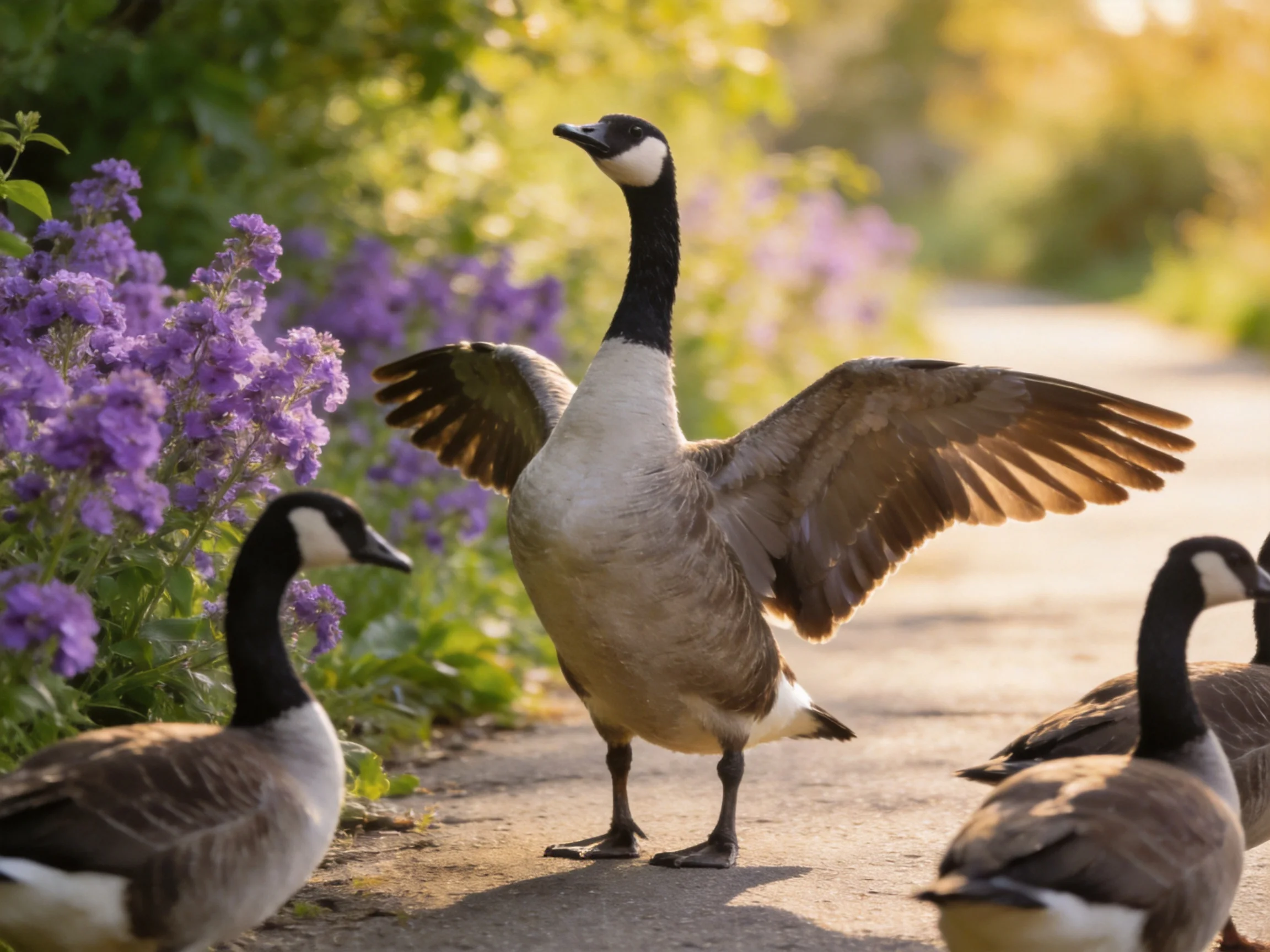 Canada geese gather near vibrant purple flowers on a sunlit path